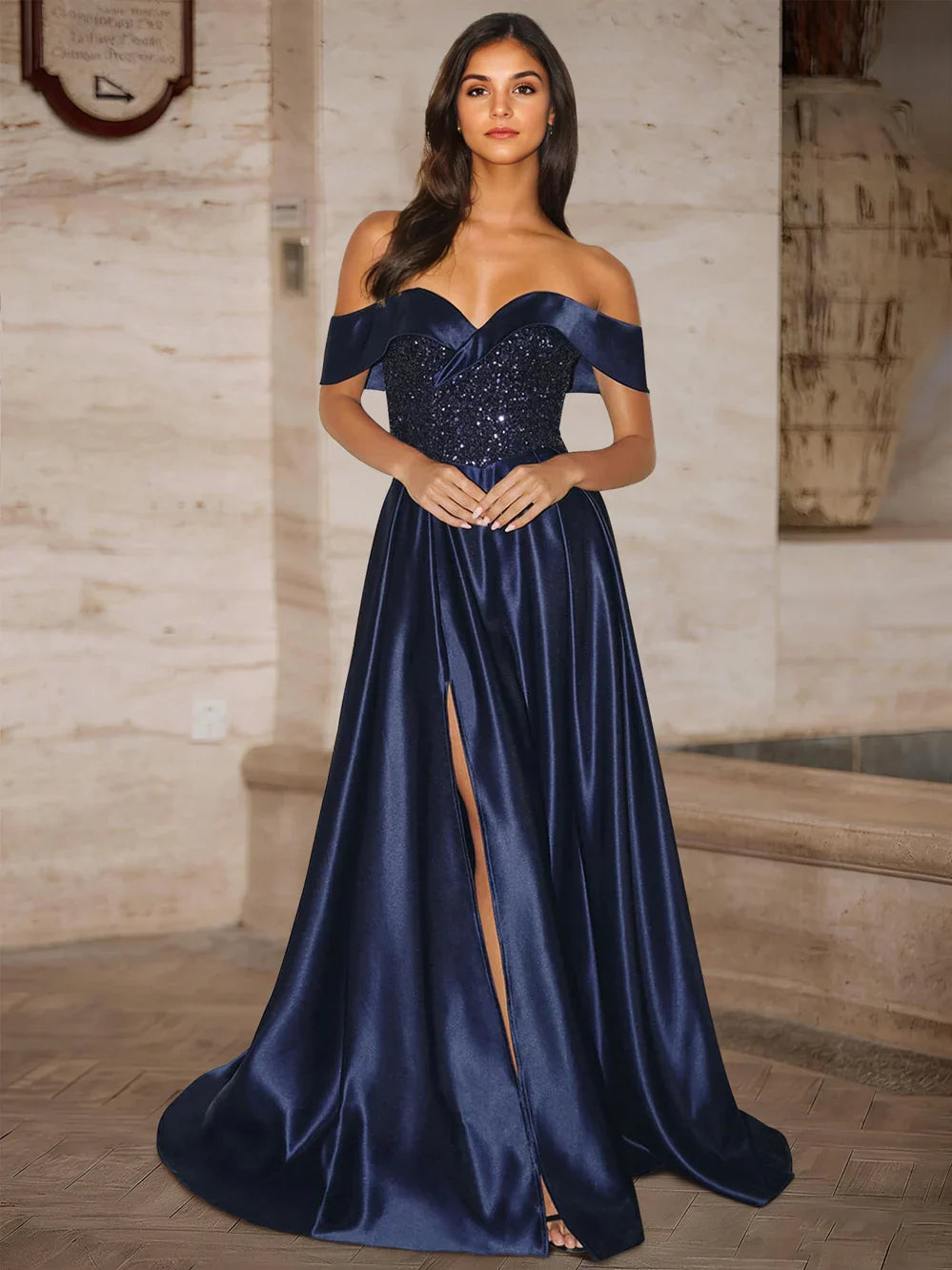 Sequin Slit Off Shoulder A-Line Floor-Length Satin Prom Dress for Ballroom Event