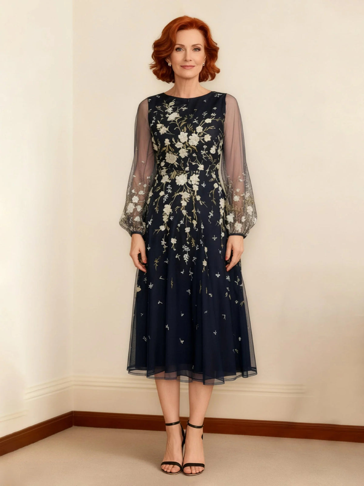 Embroidered Floral Round Neck A-Line Midi Chiffon Mother of the Bride Dress for Wedding Banquet