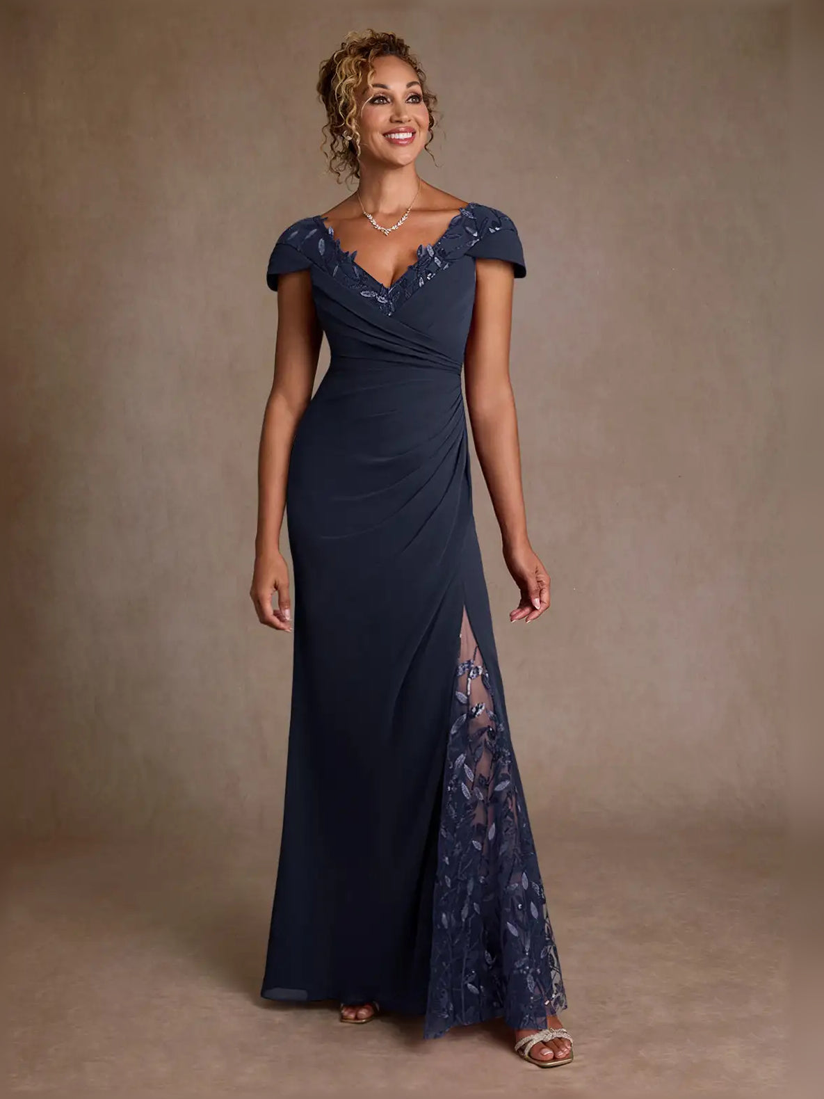 Ruffled Embroidered V Neck A-Line Maxi Chiffon Mother of the Bride Dress for Church Wedding