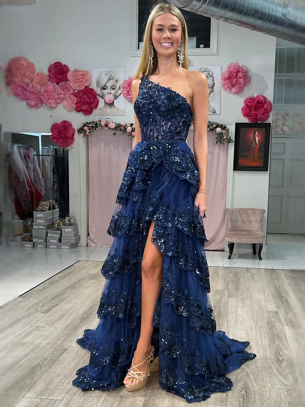 Corset Tiered Slit One Shoulder A-Line Maxi Tulle Prom Dress for Winter Formal