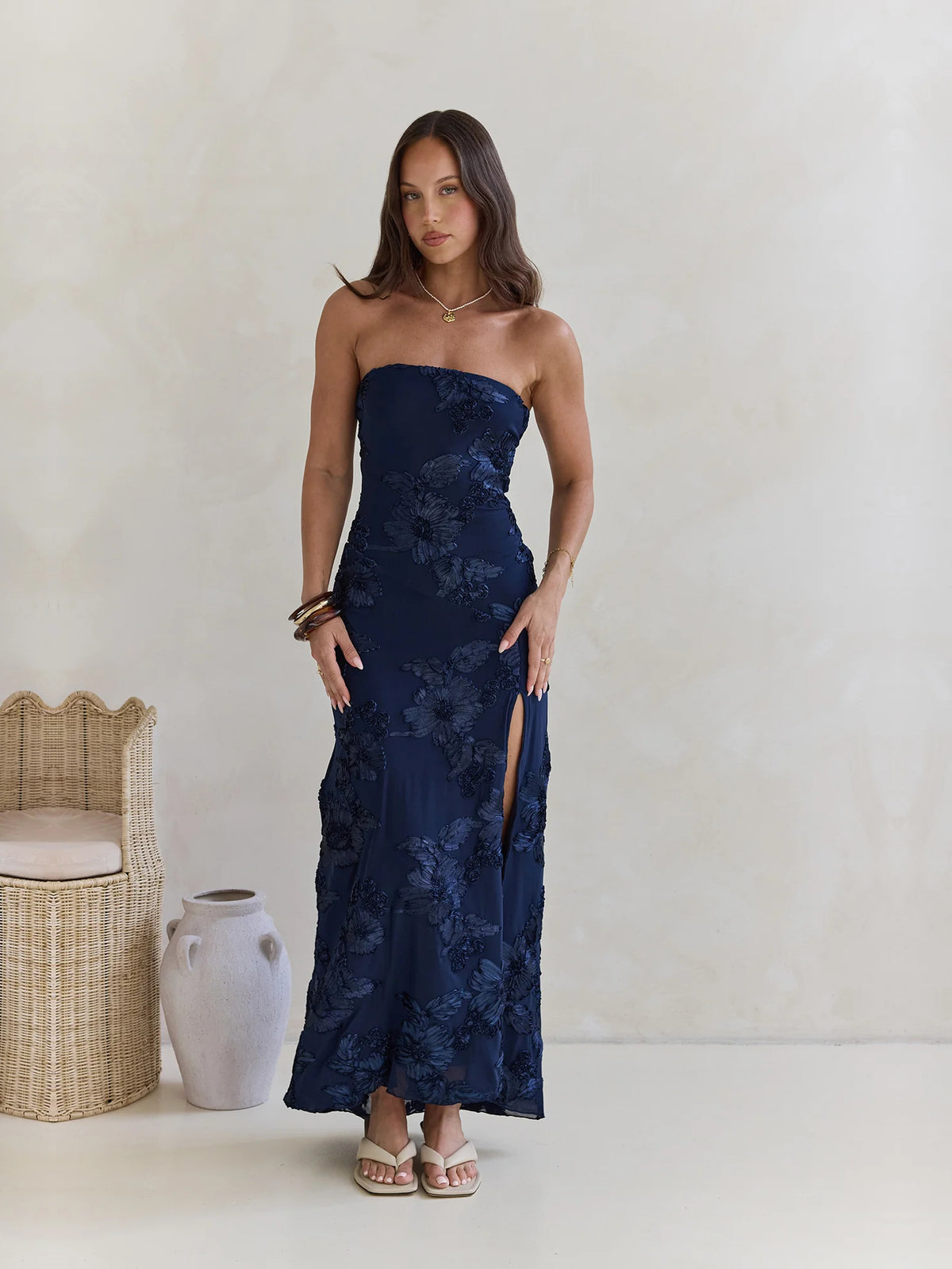 Navy Strapless Sheath Maxi Formal Dress