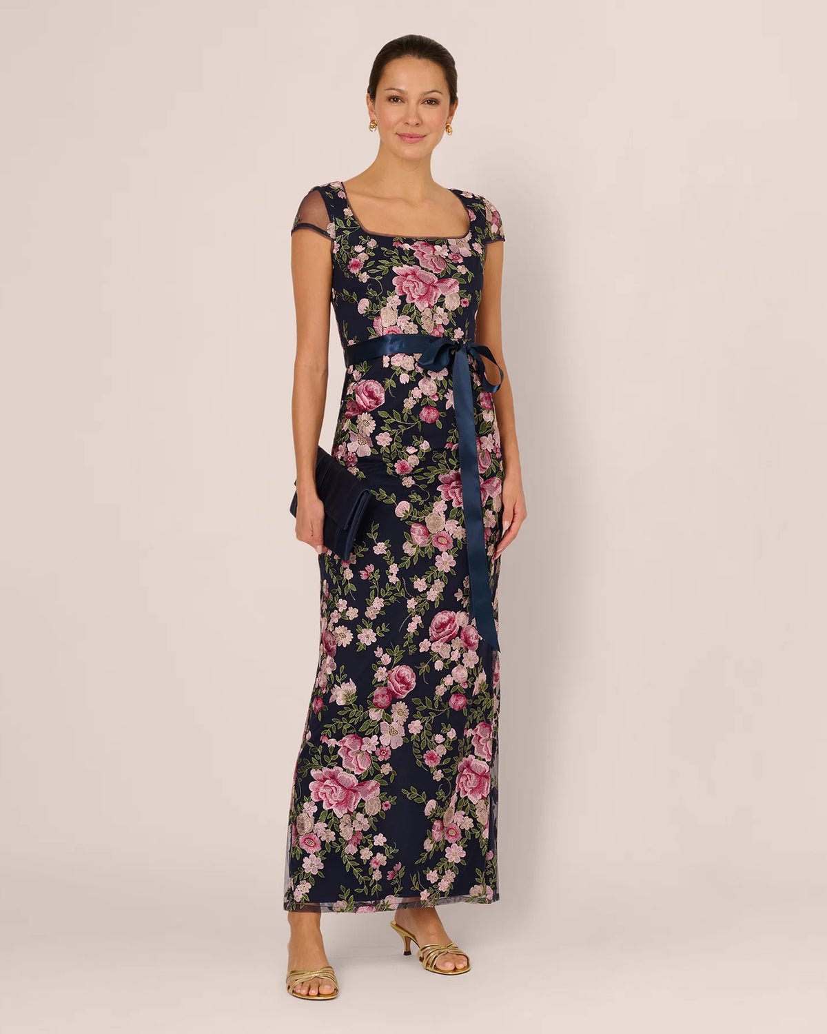 Floral Print Cap-Sleeve Sheath Maxi Mother of the Bride Dress for Wedding Reception