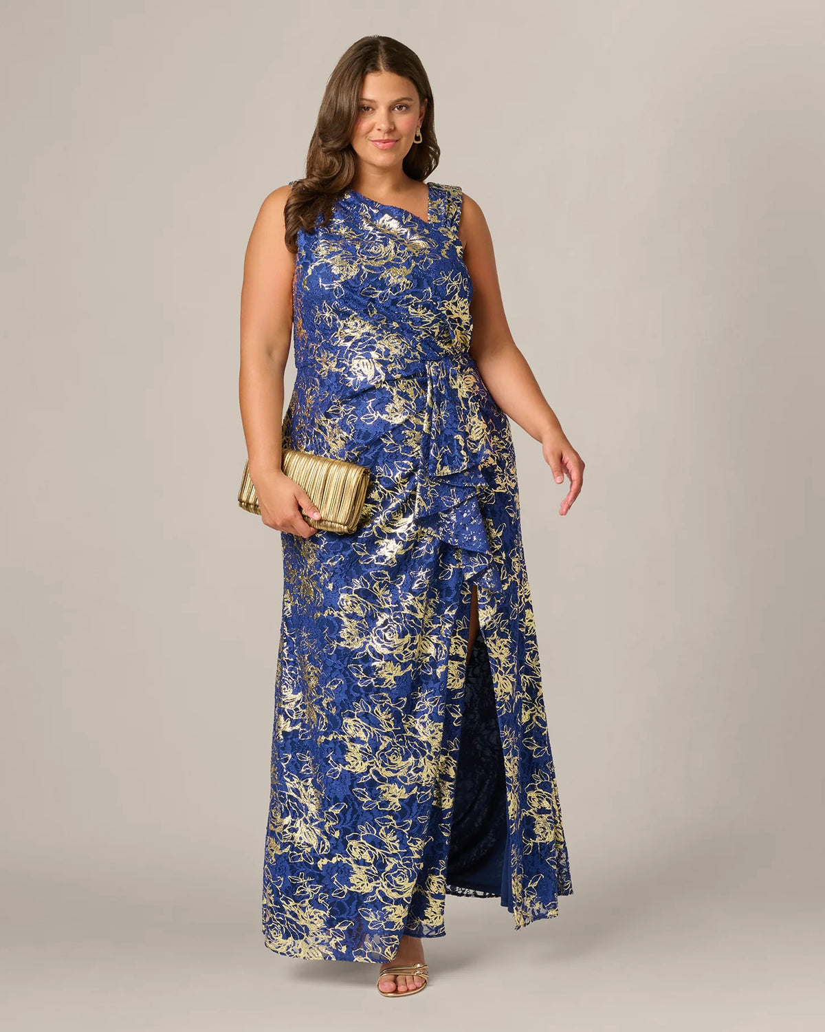 Lace Detail Draped A-Line Maxi Mother of the Bride Dress for Black Tie Wedding