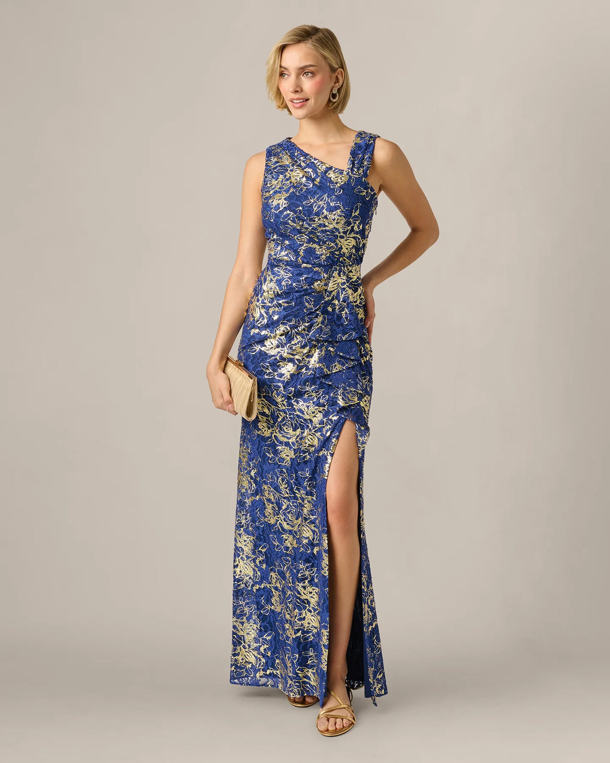 Lace Detail Draped A-Line Maxi Mother of the Bride Dress for Formal Dinner