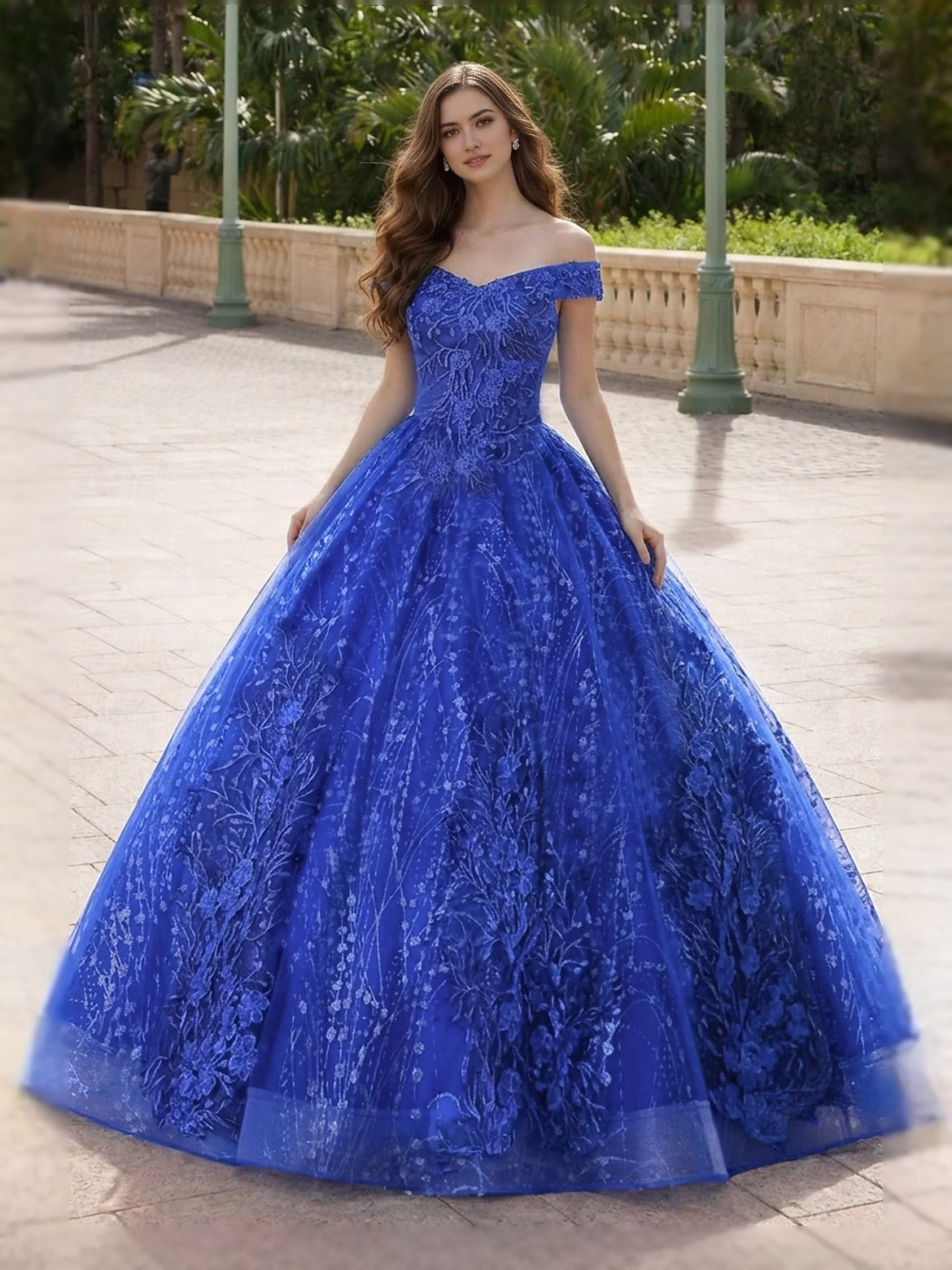 Corset Layered Floral Off Shoulder Ball-Gown Floor-Length Tulle Prom Dress for Gala