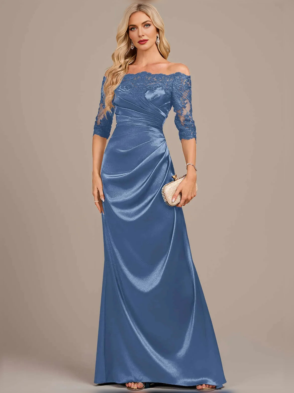 Ruched Draped Off Shoulder Mermaid Floor-Length Satin Mother of the Bride Dress for Evening Wedding