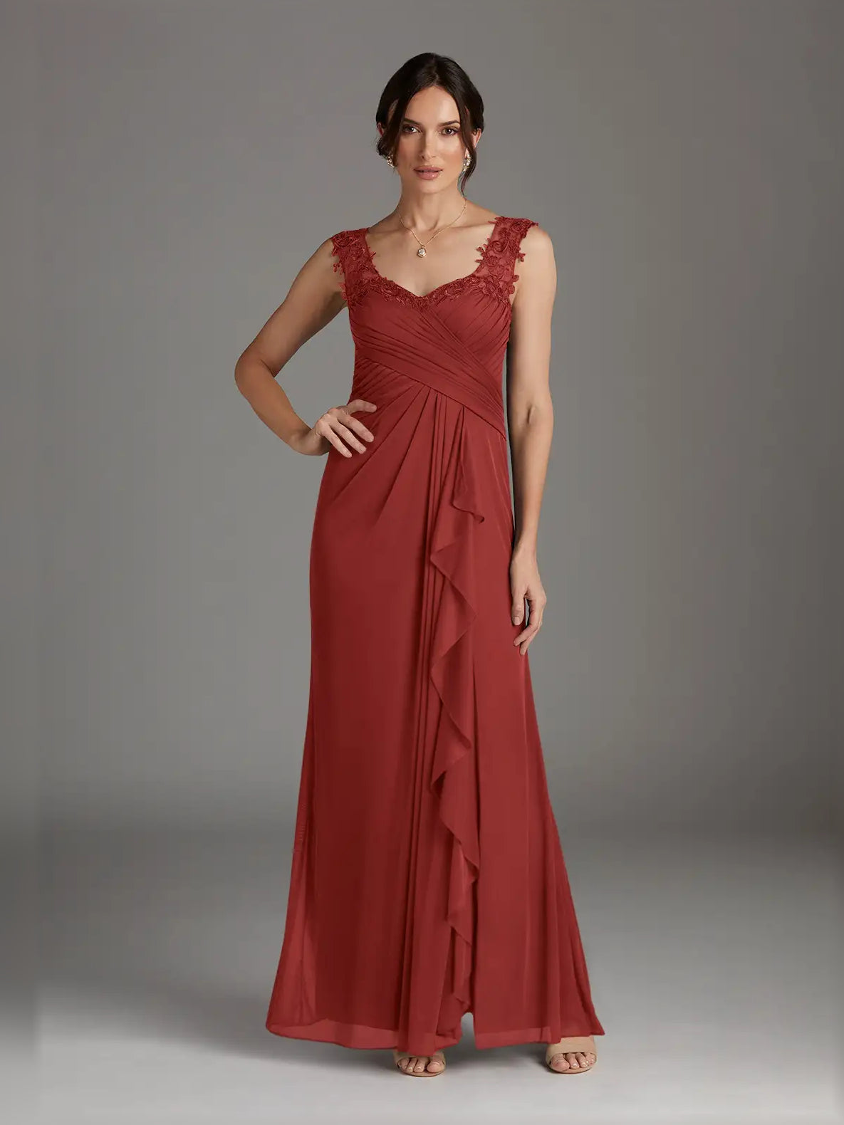 Draped Ruffled Slit V Neck A-Line Maxi Chiffon Mother of the Bride Dress for Garden Wedding