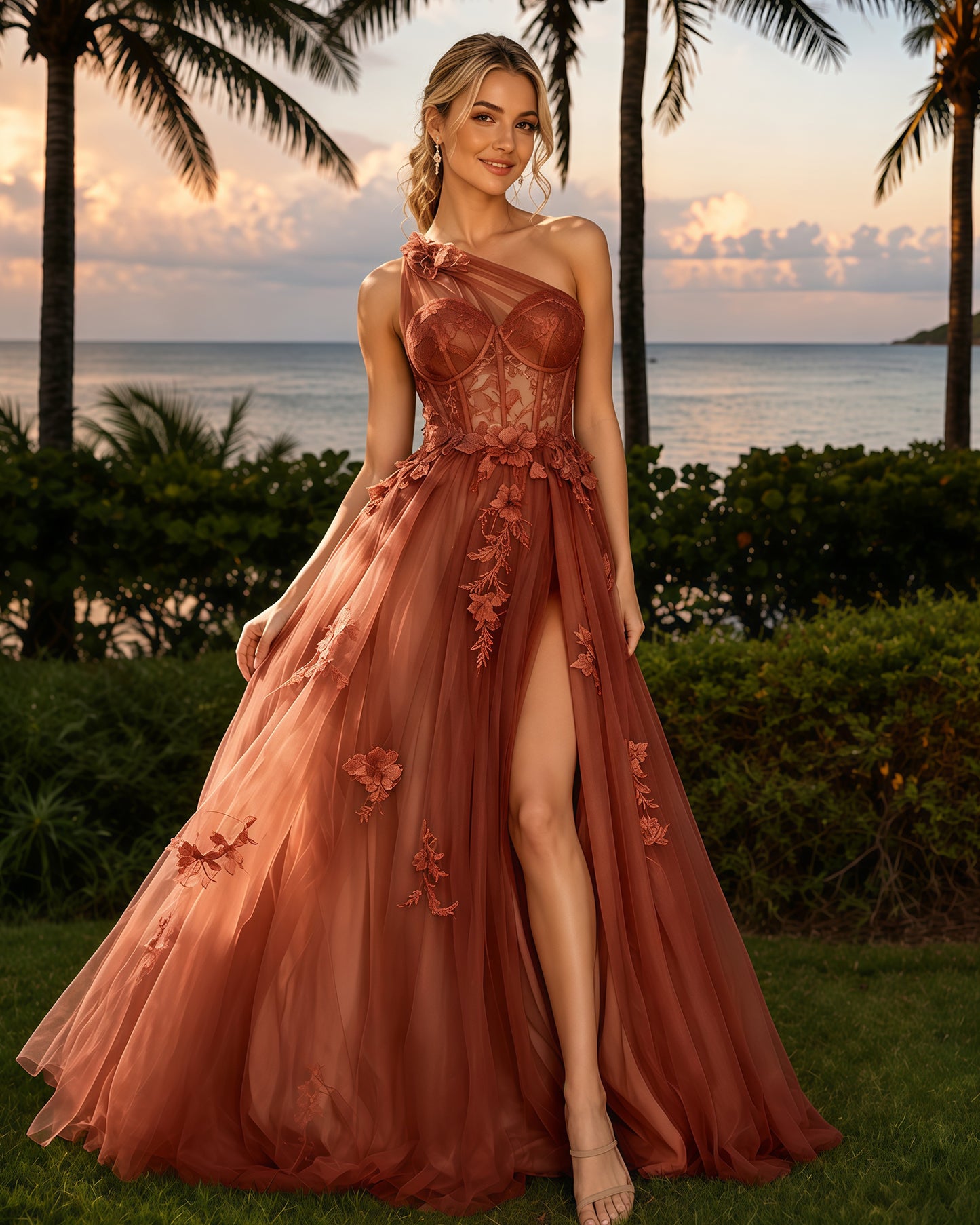 One-Shoulder Floral Applique Tulle A-Line Prom Dress with High Slit