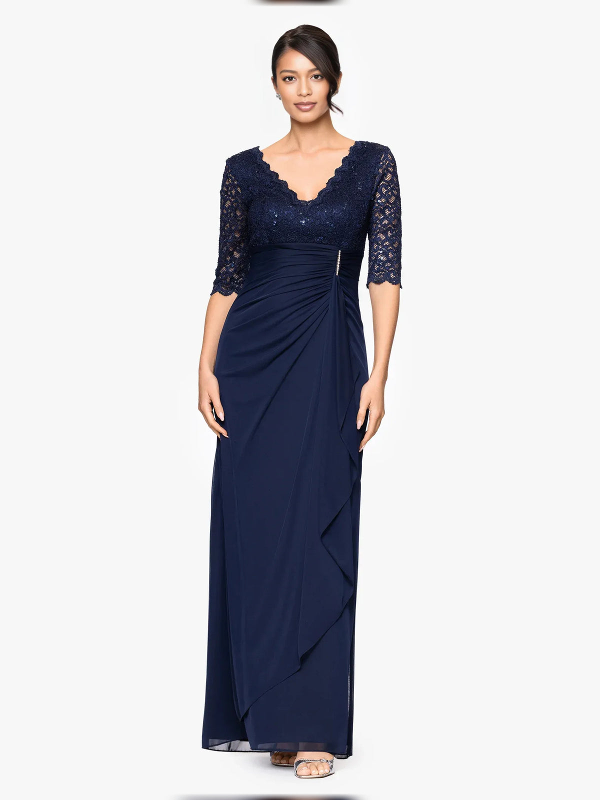 Ruched Draped V Neck A-Line Floor-Length Jersey Mother of the Bride Dress for Gala Dinner