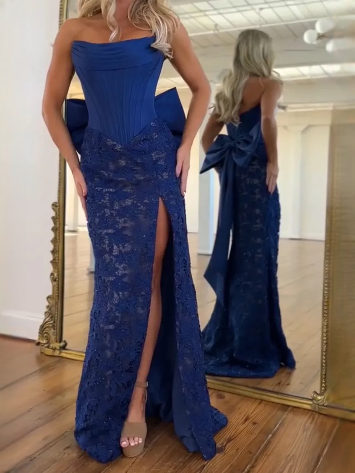 Corset Bow Slit Strapless Mermaid Floor-Length Prom Dress for Ballroom Event