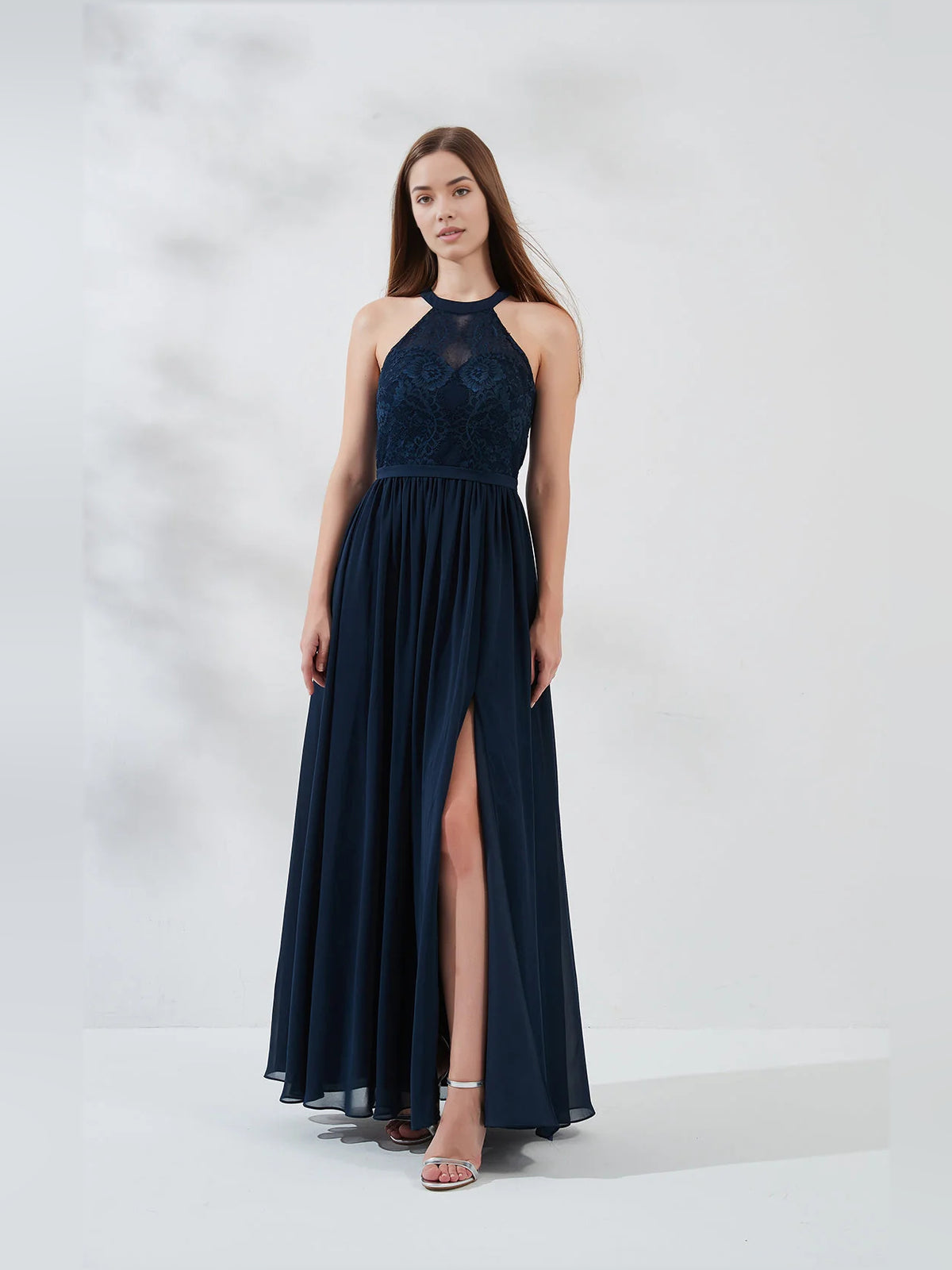 Side-Slit Floral Slit Halter Neck A-Line Floor-Length Chiffon Bridesmaid Dress for Church Wedding