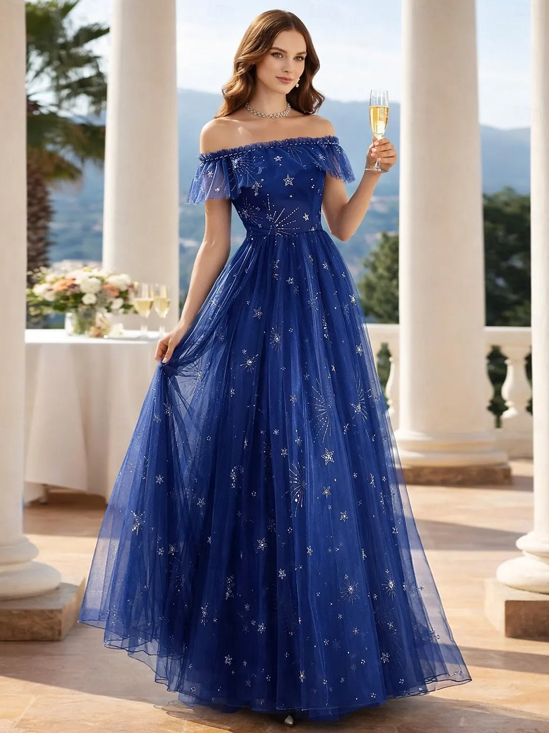 Dark Navy Draped Tiered Off Shoulder A-Line Floor-Length Tulle Prom Dress for Pageant