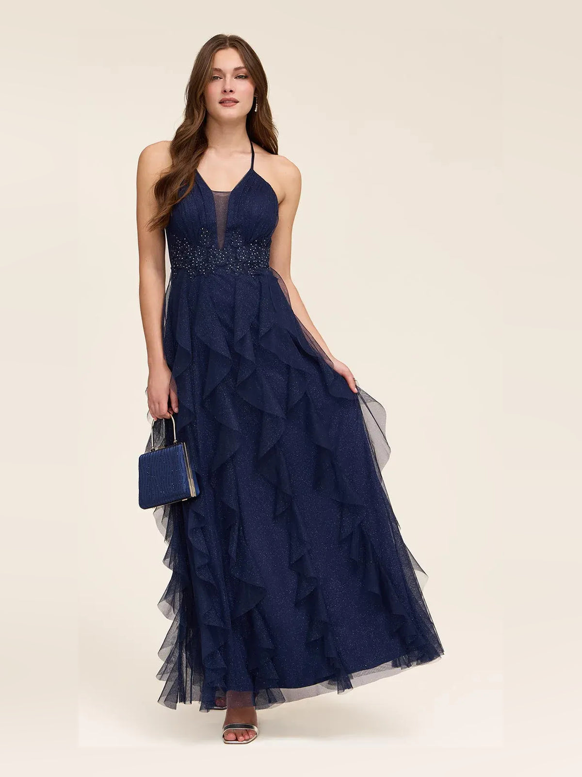 Dark Navy Ruffled Beaded V Neck A-Line Maxi Tulle Prom Dress for Special Occasion