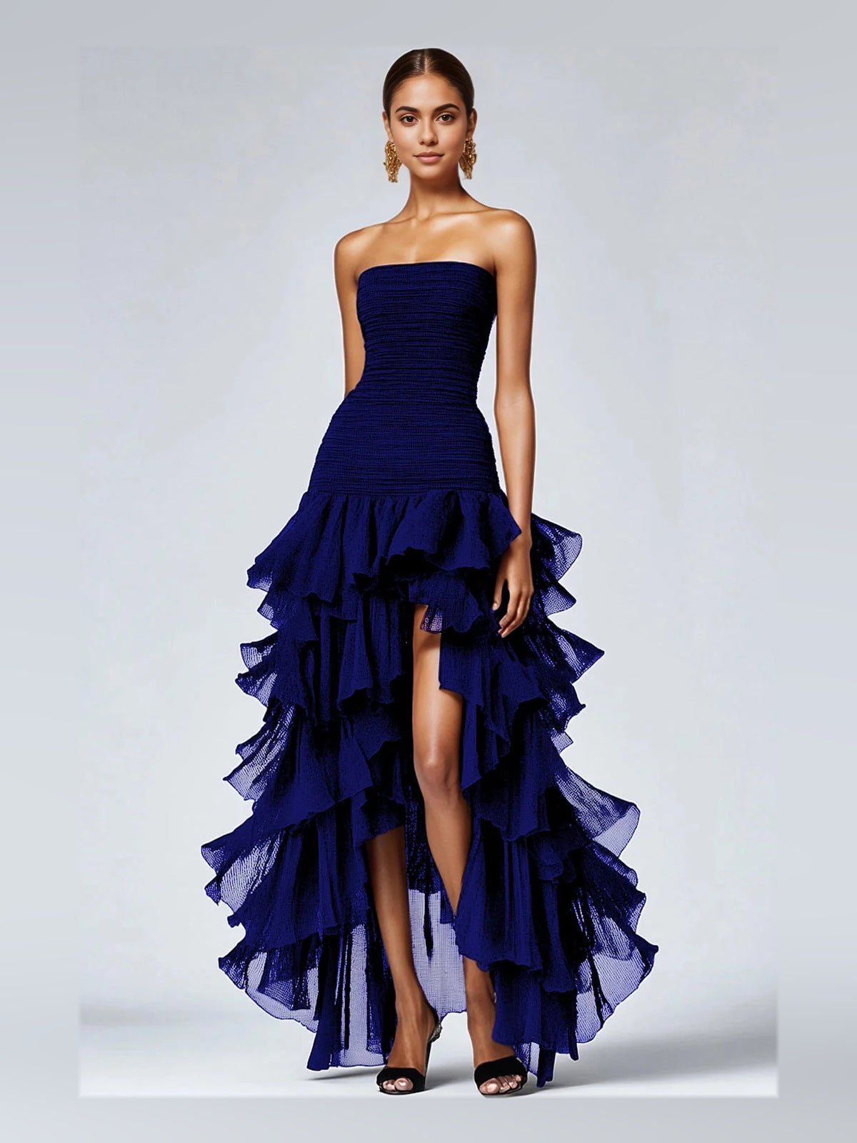 Draped Tiered Ruffled Slit Strapless A-Line High-Low Prom Dress for Evening Ceremony