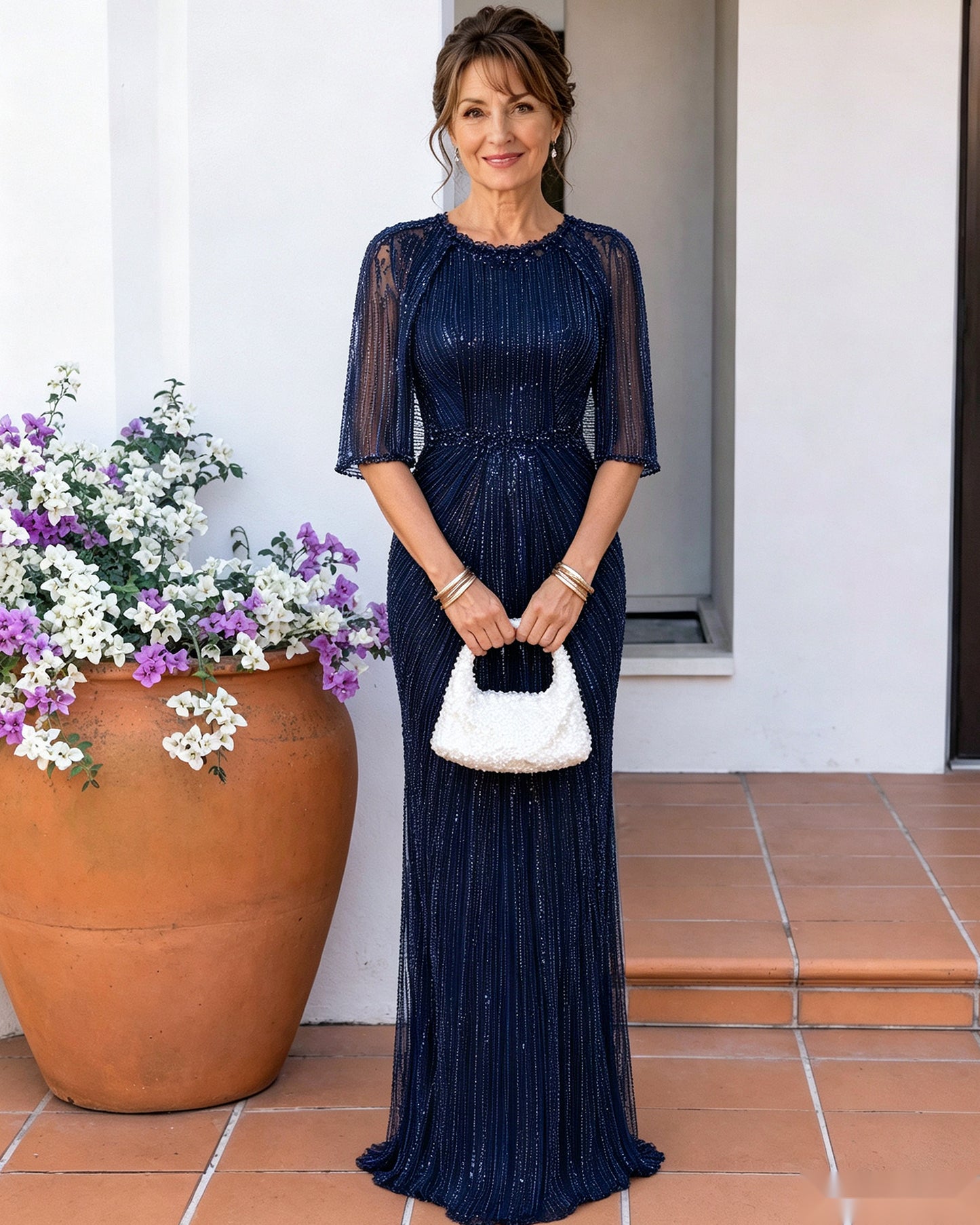 Beaded Stripe Mother of the Bride Dress with Sheer Cape Sleeves