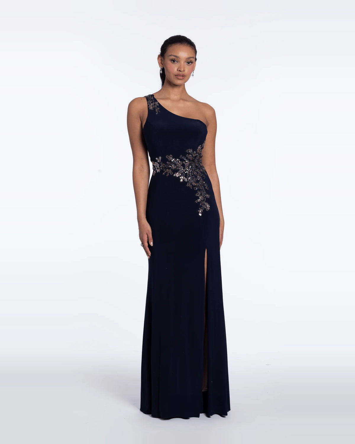 Ruched Side-Slit Asymmetrical Neck Column Maxi Prom Dress for Red Carpet Event
