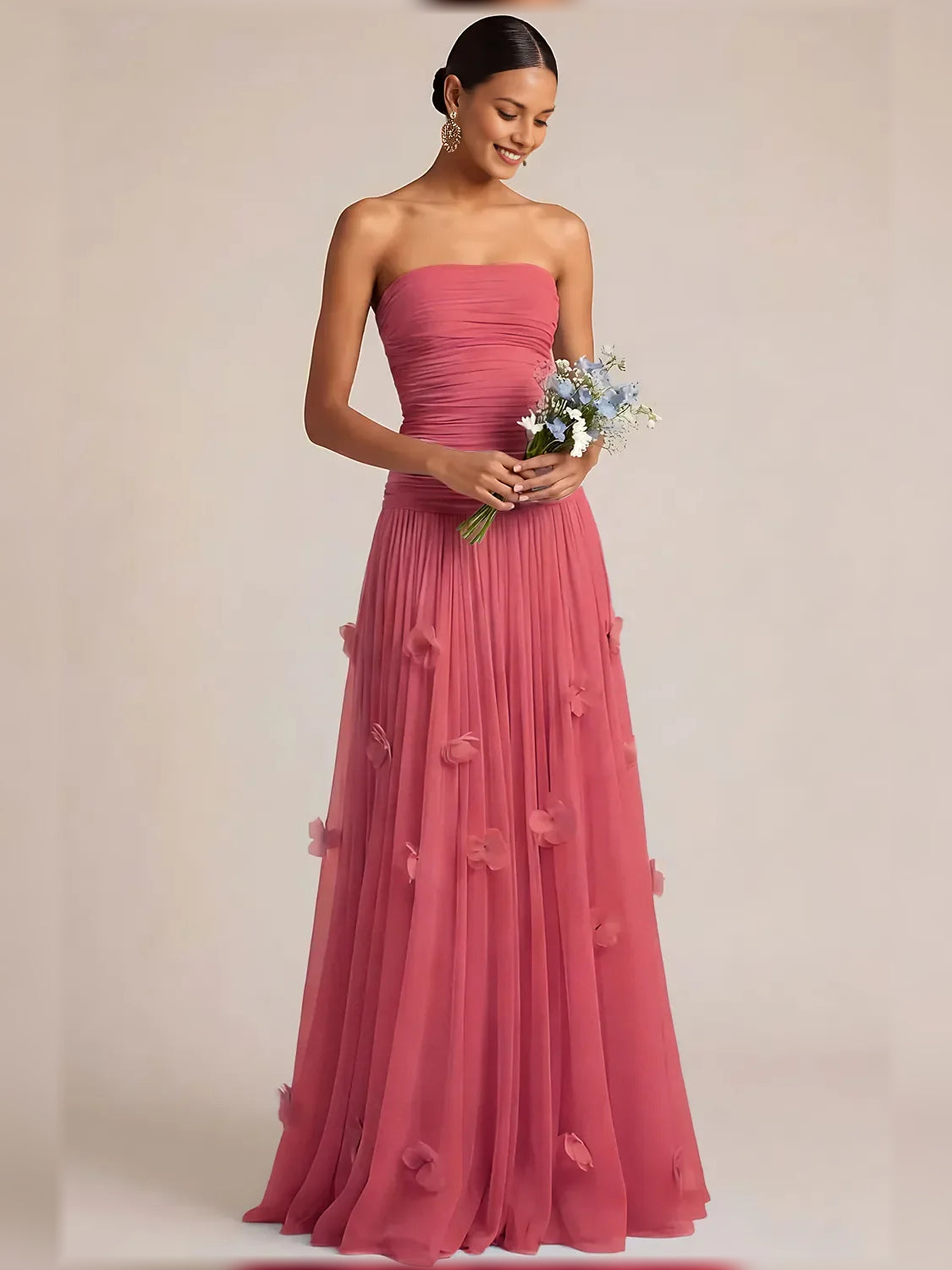 Floral Print Strapless Ruching Floor-Length Formal Dress