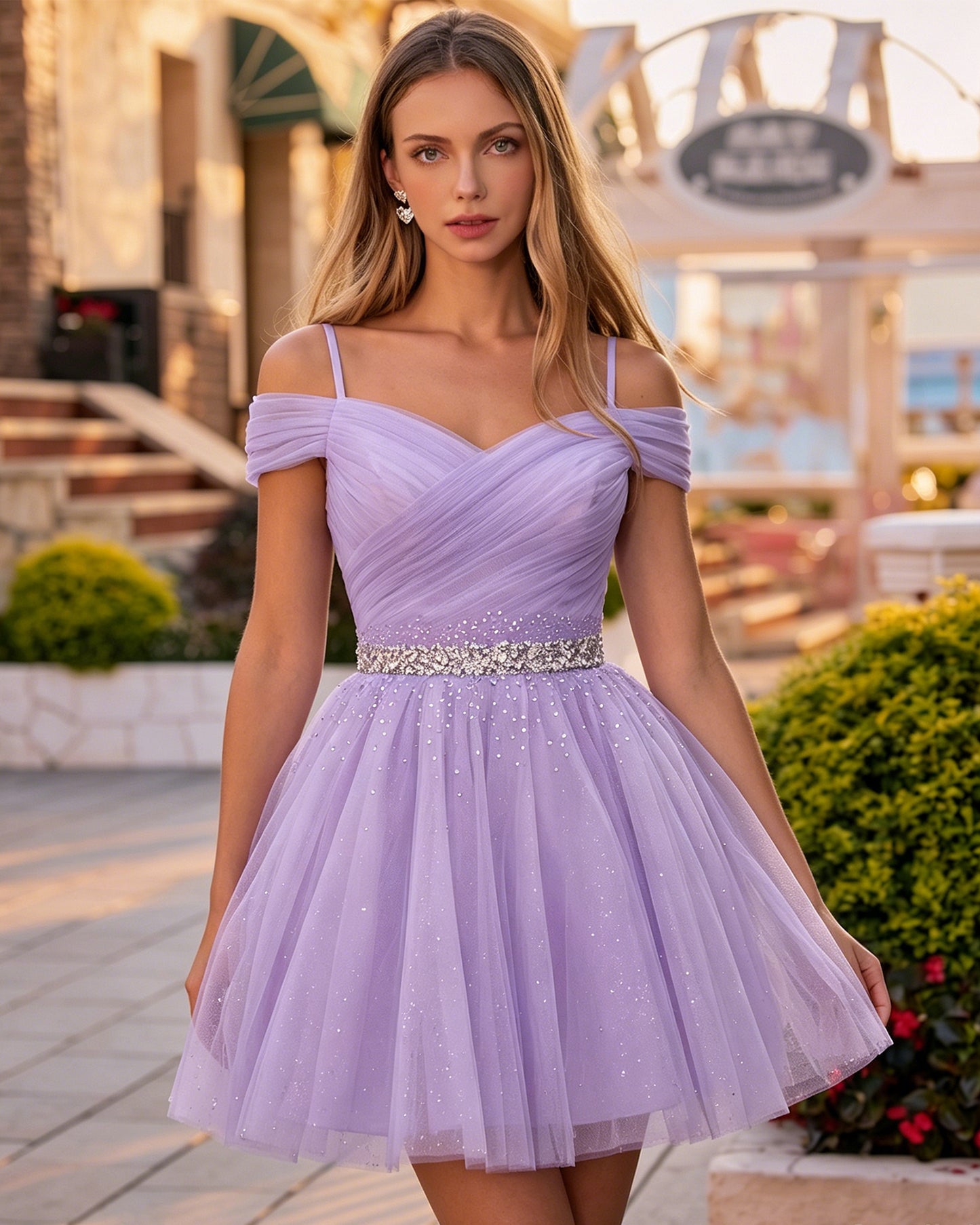 Off-Shoulder V-Neck Tulle Short Homecoming Dress with Beaded Waist