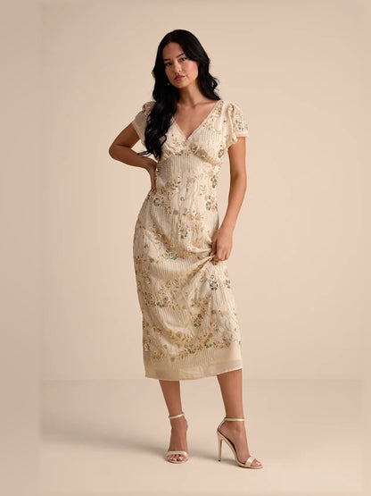 Angelila Sequin Beaded Short Sleeve Midi Formal Dress