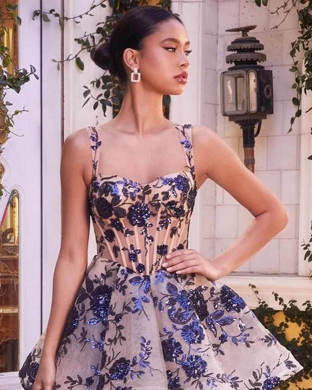 Floral Sequin Corset Mini Homecoming Dress