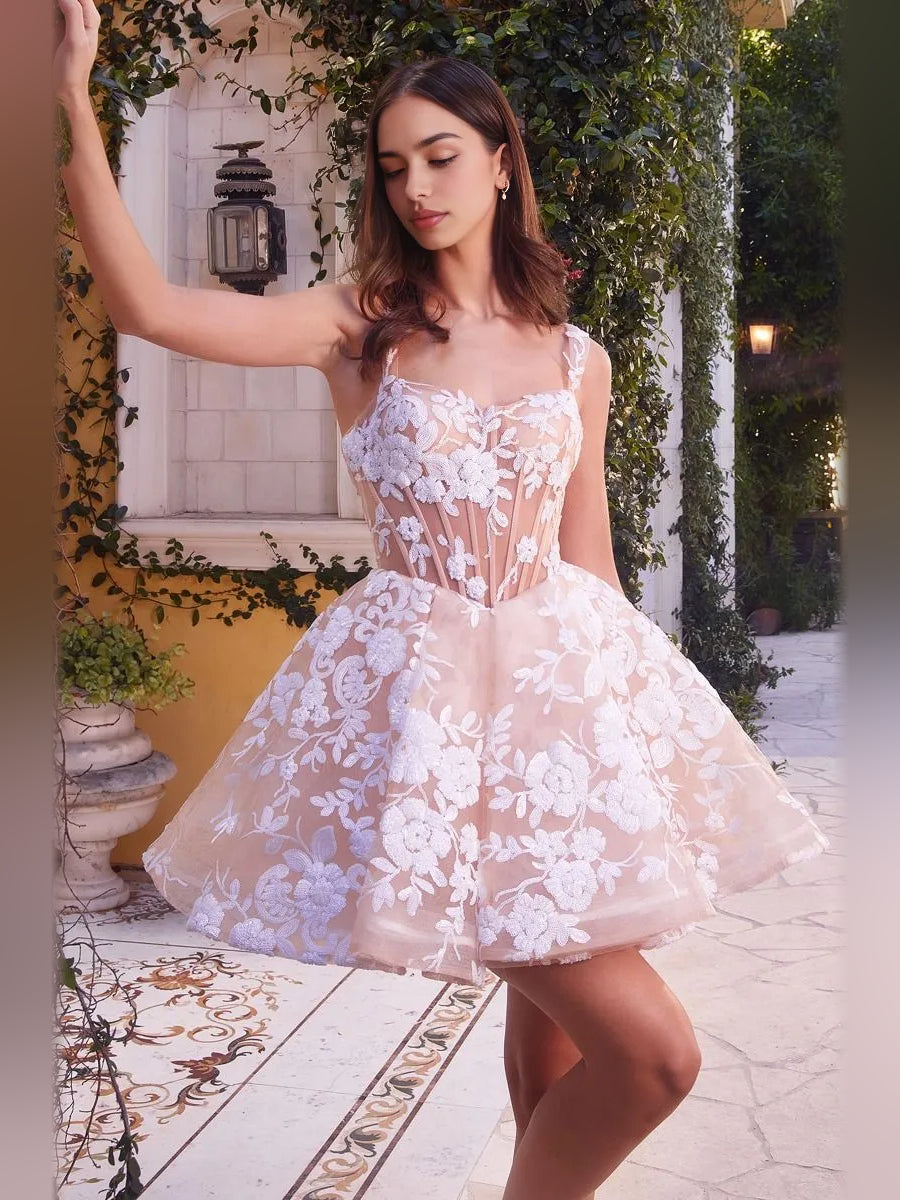 Cut-Out Flower-Applique Floral Sweetheart A-Line Mini Homecoming Dress for Charity Dinner