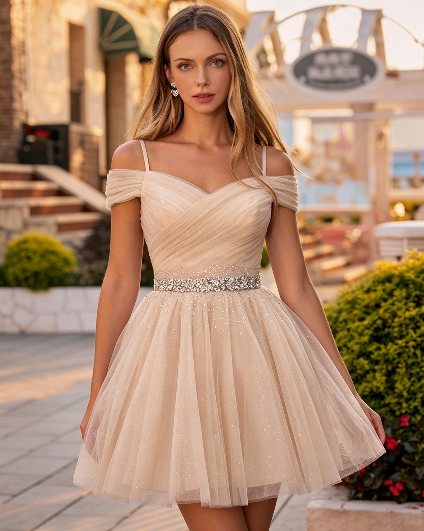 Off-Shoulder V-Neck Tulle Short Homecoming Dress with Beaded Waist