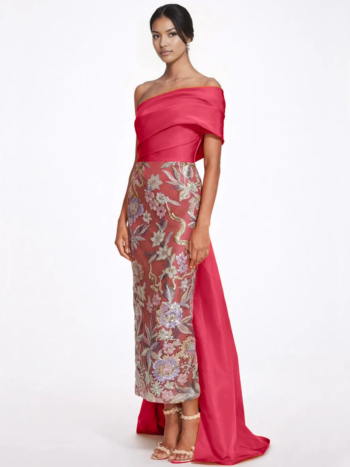 Floral Print One-Shoulder Sequin Floor-Length Formal Dress