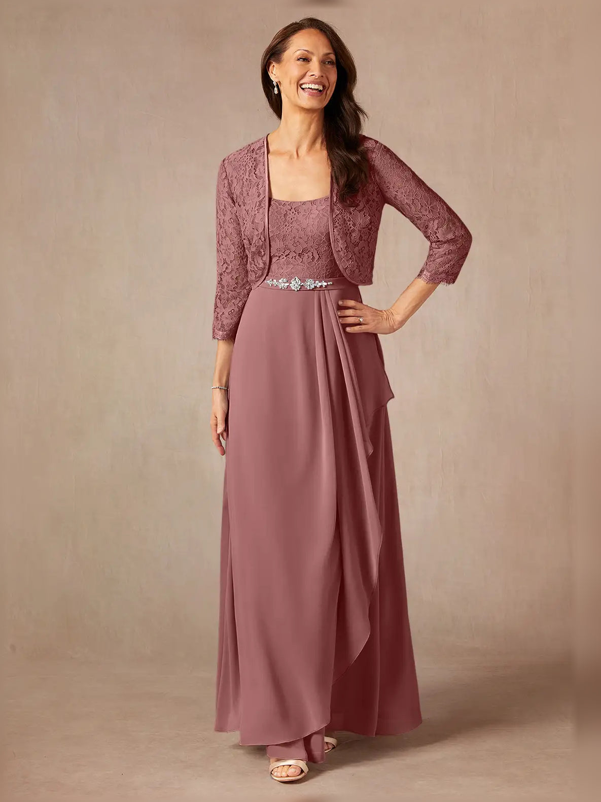 Pleated Beaded Floral Square Neck A-Line Maxi Chiffon Mother of the Bride Dress for Gala Dinner