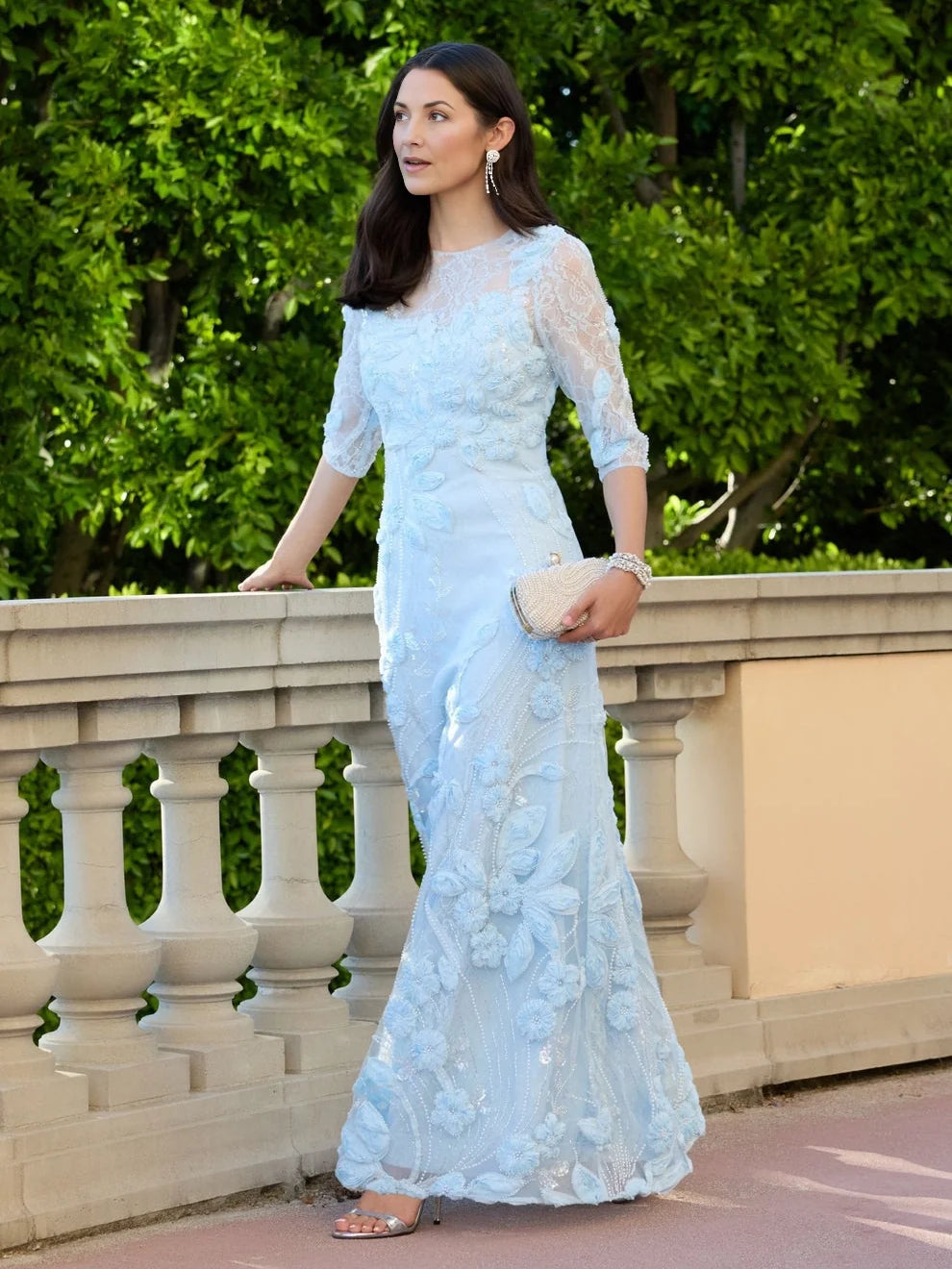 Pleated Floral V Neck Sheath Floor-Length Chiffon Mother of the Bride Dress for Reception Dinner