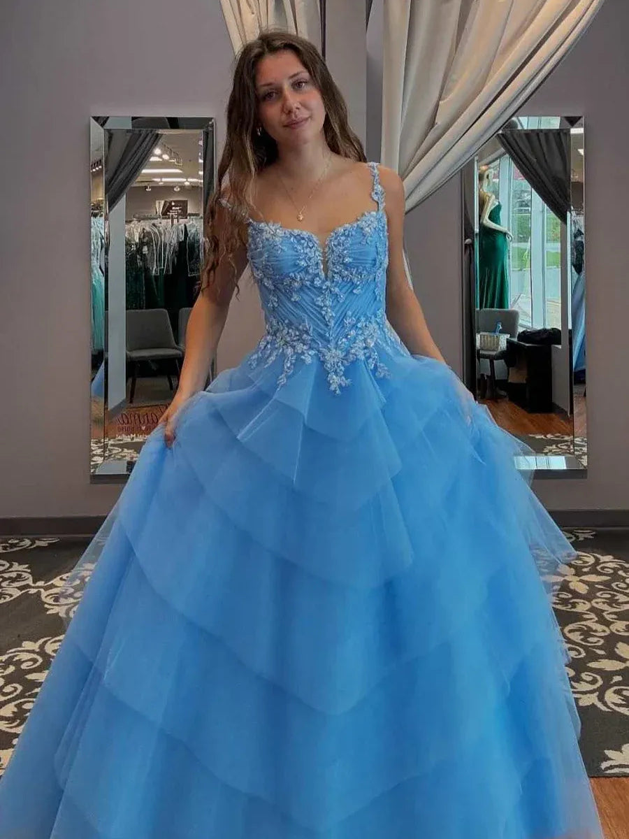 Sky Blue Ruched Draped Floral Ruffled V Neck A-Line Maxi Tulle Prom Dress for Hotel Gala