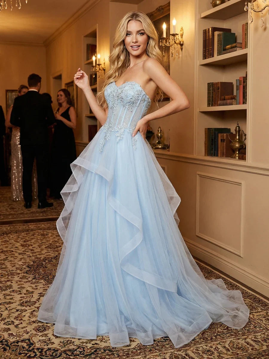 Sky Blue Corset Layered Sweetheart Ball-Gown Floor-Length Tulle Prom Dress for Spring Formal