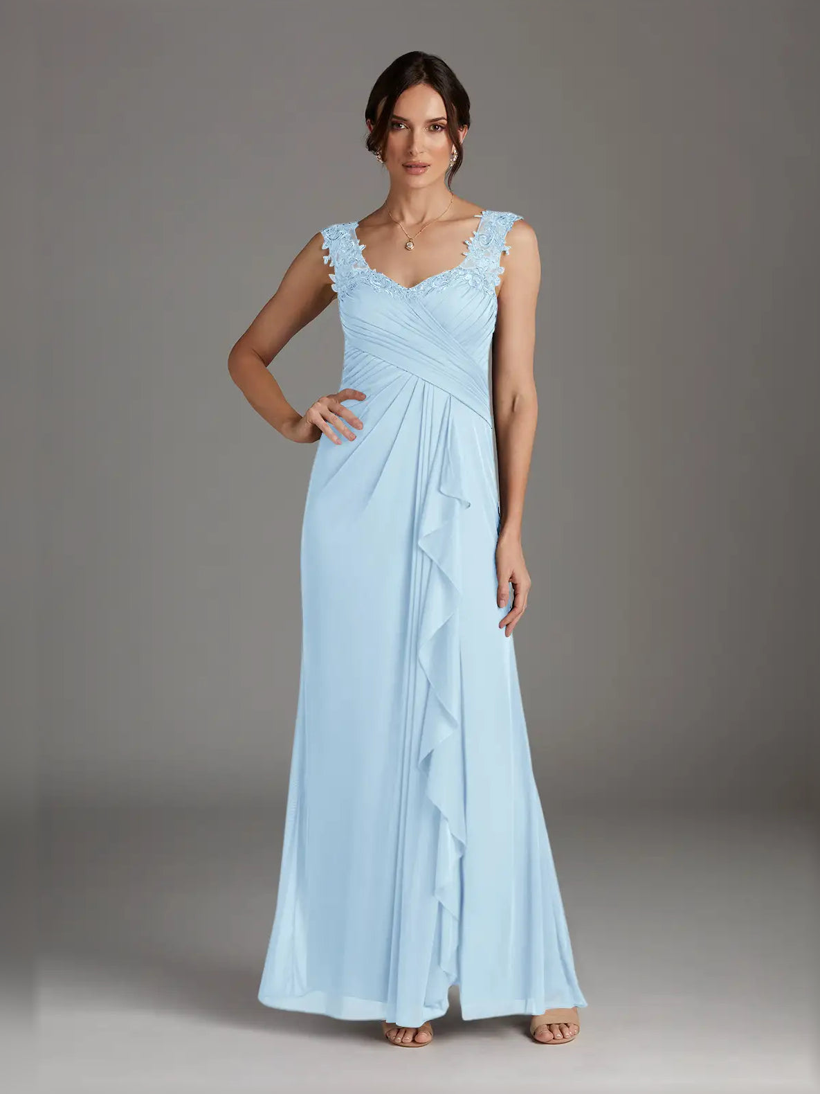 Draped Ruffled Slit V Neck A-Line Maxi Chiffon Mother of the Bride Dress for Garden Wedding