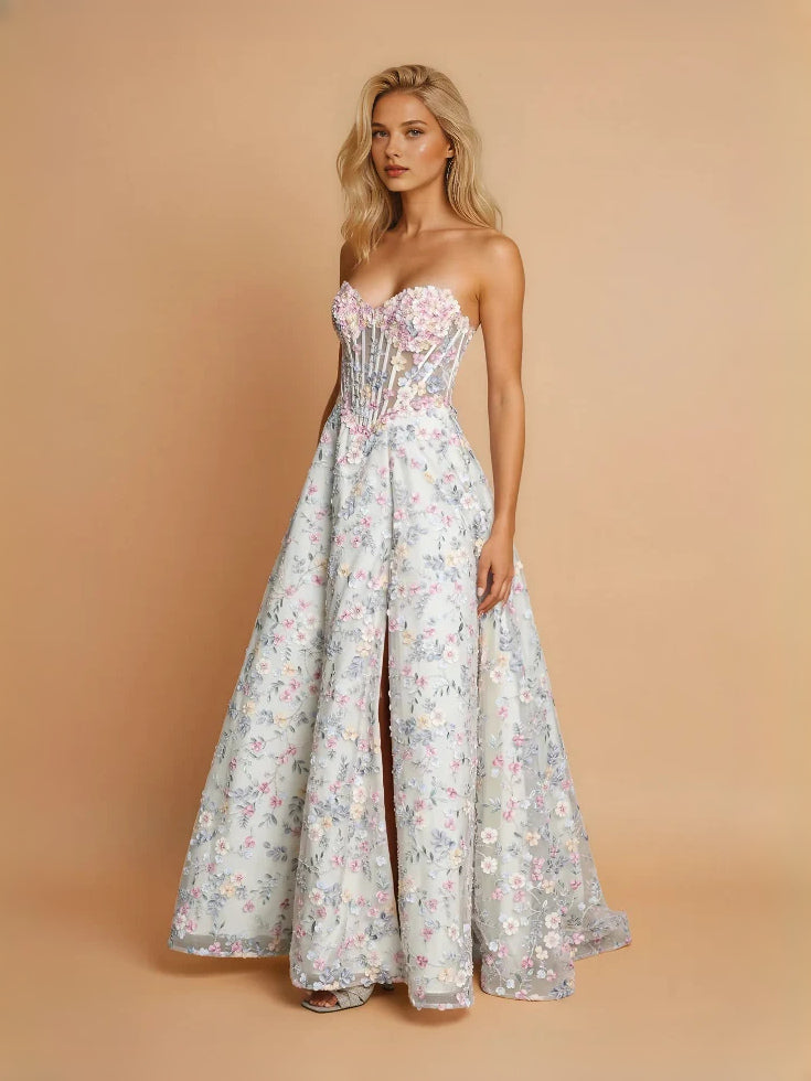 Ivory Corset Embroidered Floral Strapless A-Line Floor-Length Tulle Prom Dress for Celebration Dinner