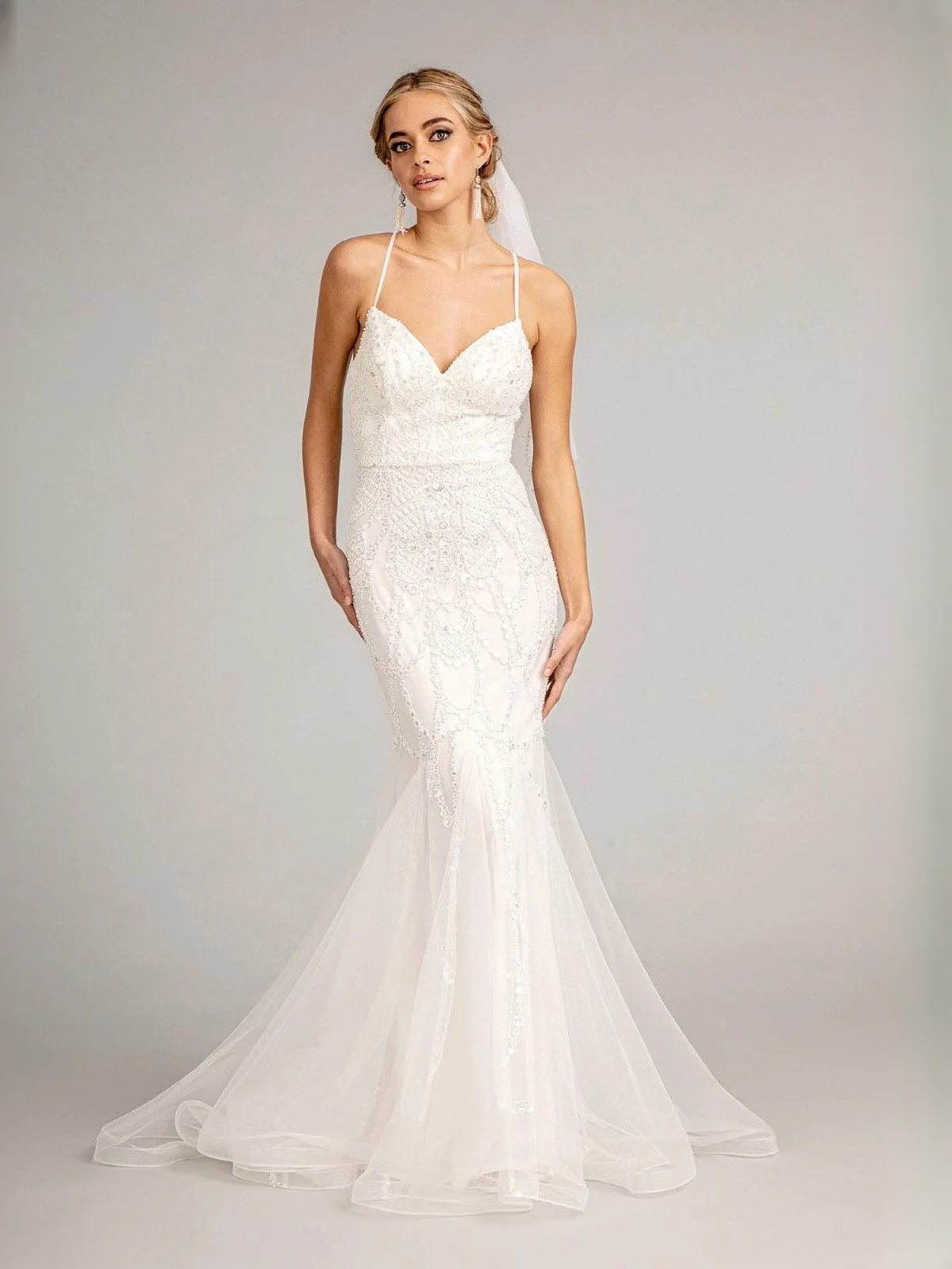 Beaded Embroidered V Neck Mermaid Floor-Length Tulle Wedding Dress for Destination Wedding