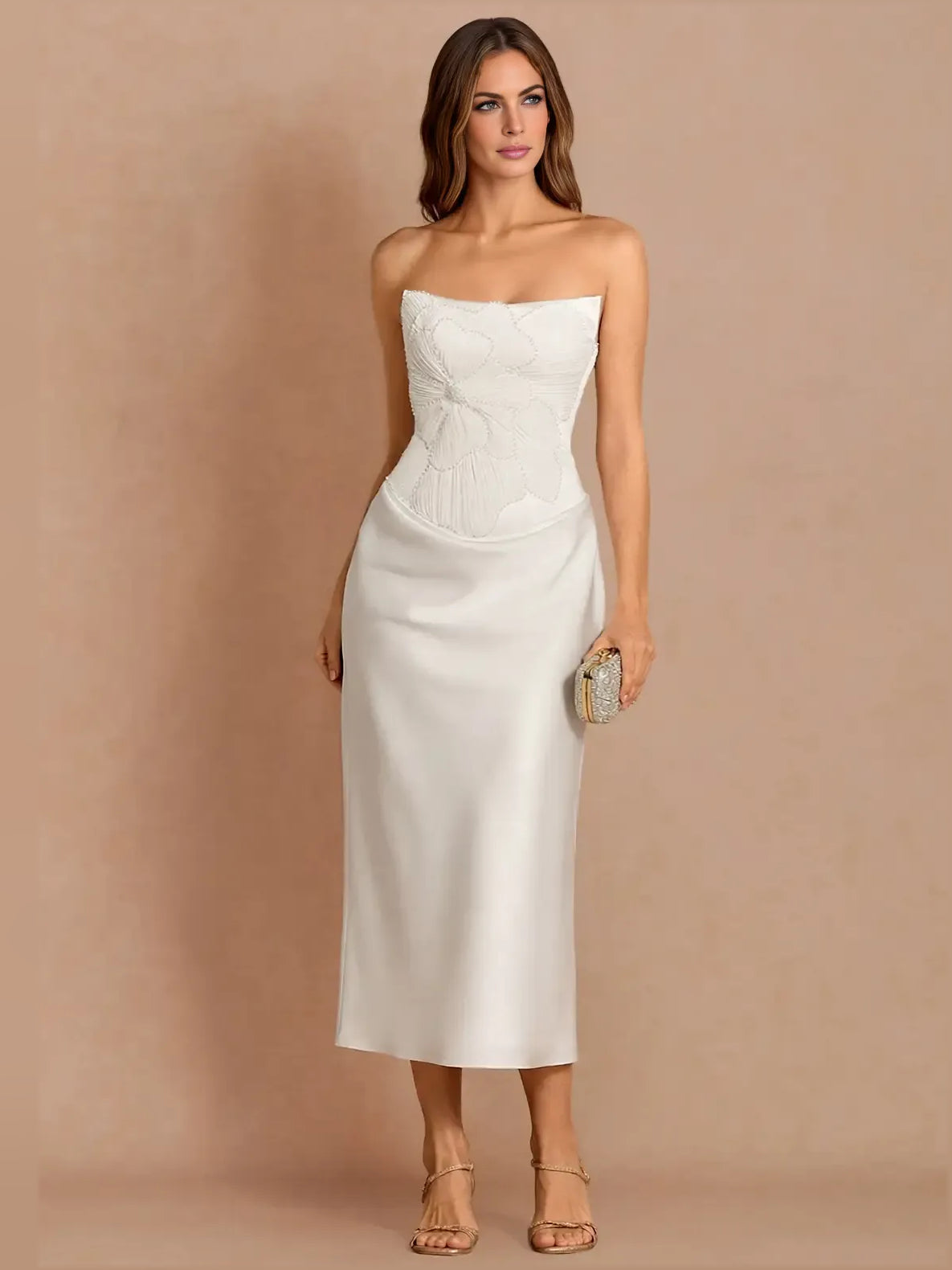 Pleated Corset Floral Strapless Sheath Midi Satin Wedding Dress for Formal Reception