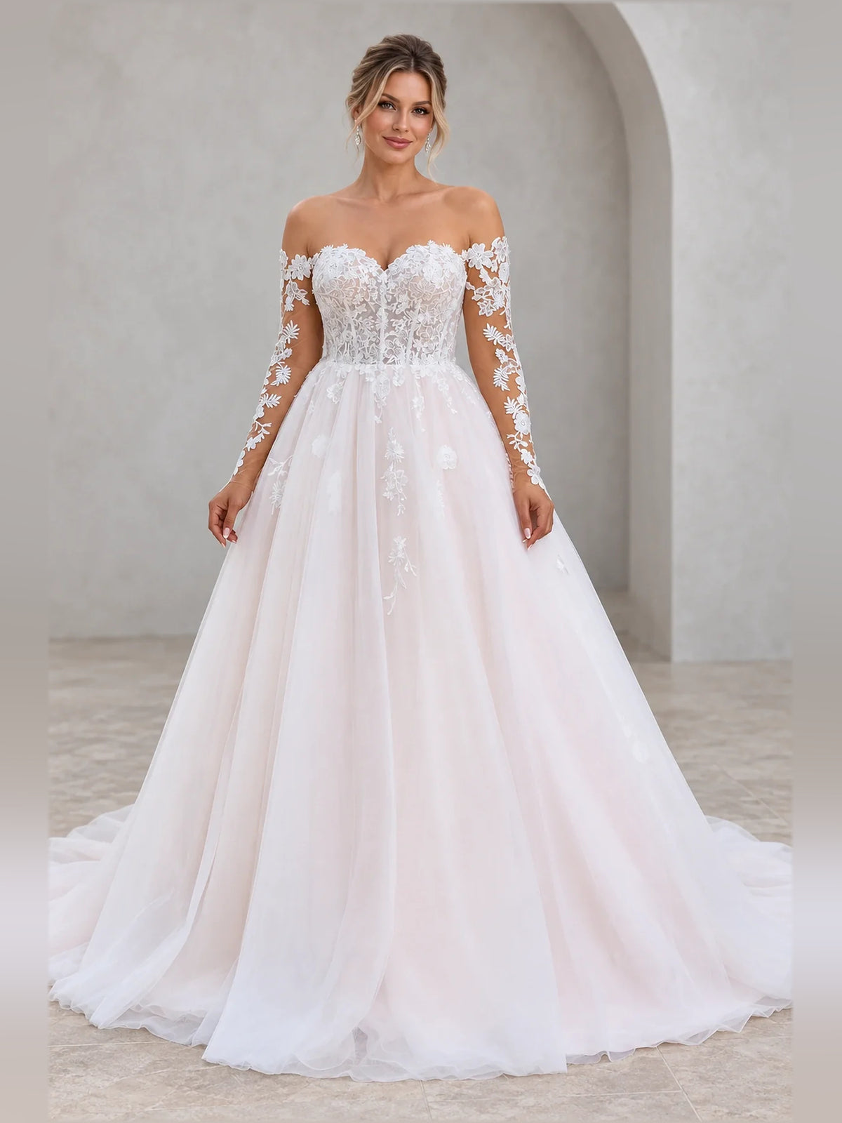 Layered Flower-Applique Floral Sweetheart A-Line Floor-Length Tulle Wedding Dress for Church Wedding