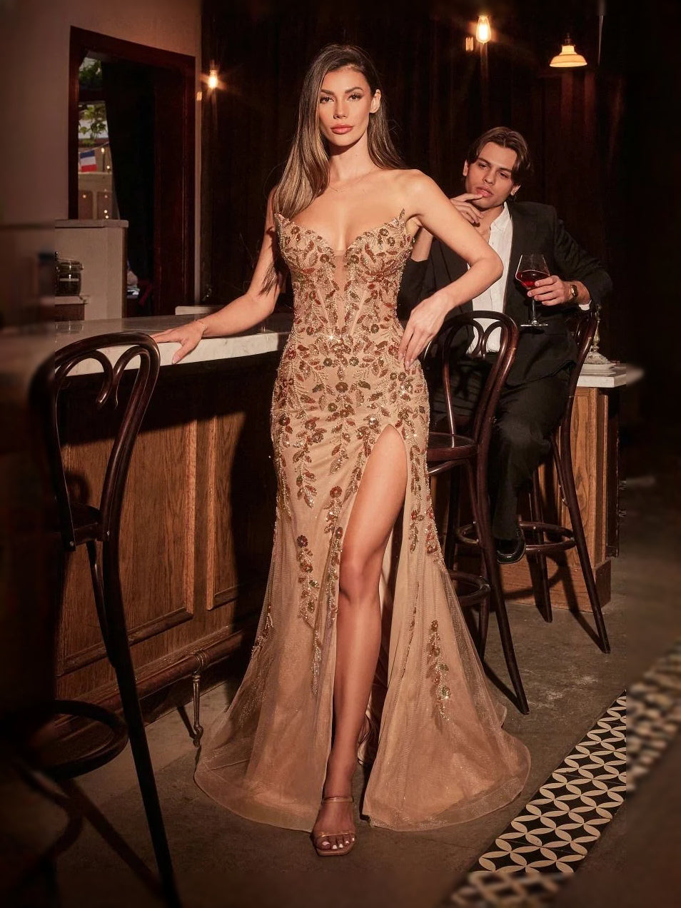 Rose Gold Corset Floral Slit Sweetheart Mermaid Floor-Length Tulle Prom Dress for Formal Reception