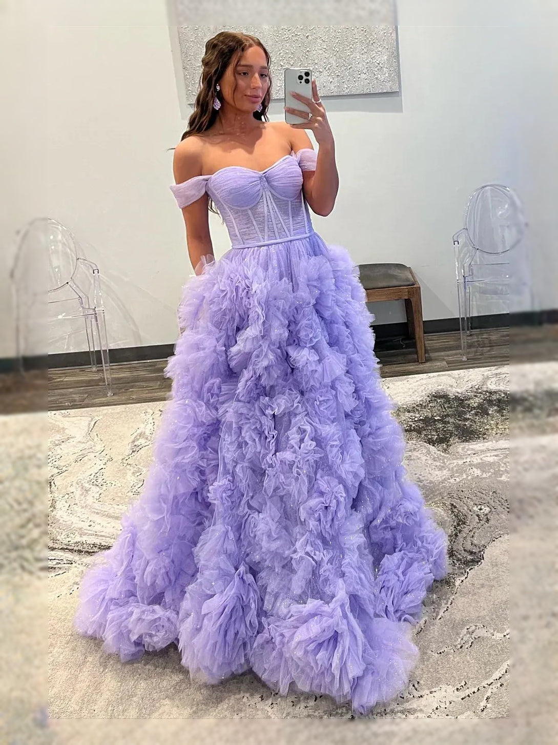 Lavender Draped Corset Ruffled Sweetheart A-Line Maxi Tulle Prom Dress for Charity Ball