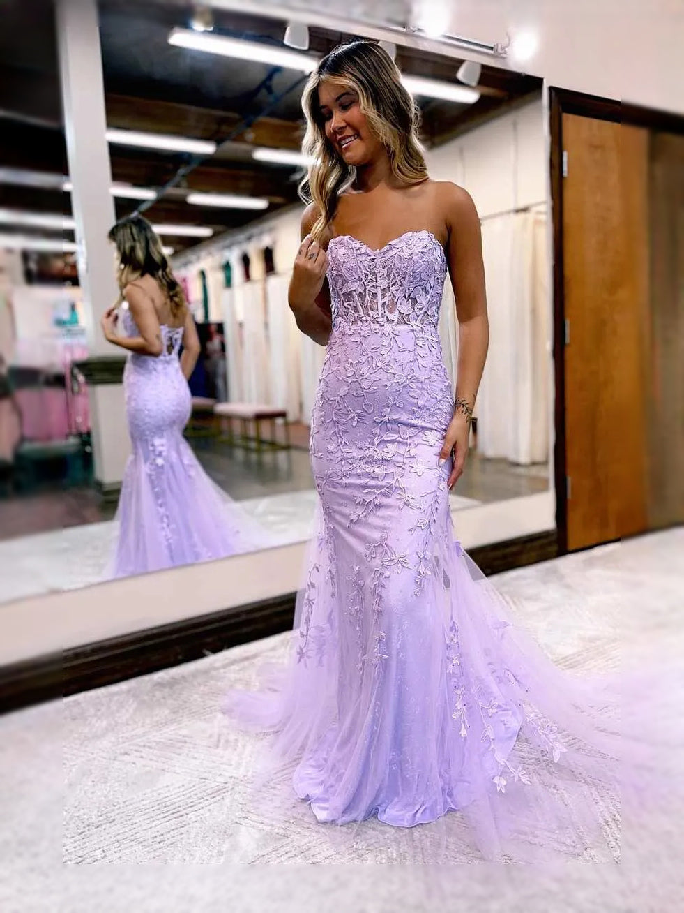 Draped Corset Floral Sweetheart Mermaid Maxi Tulle Prom Dress for Formal Reception