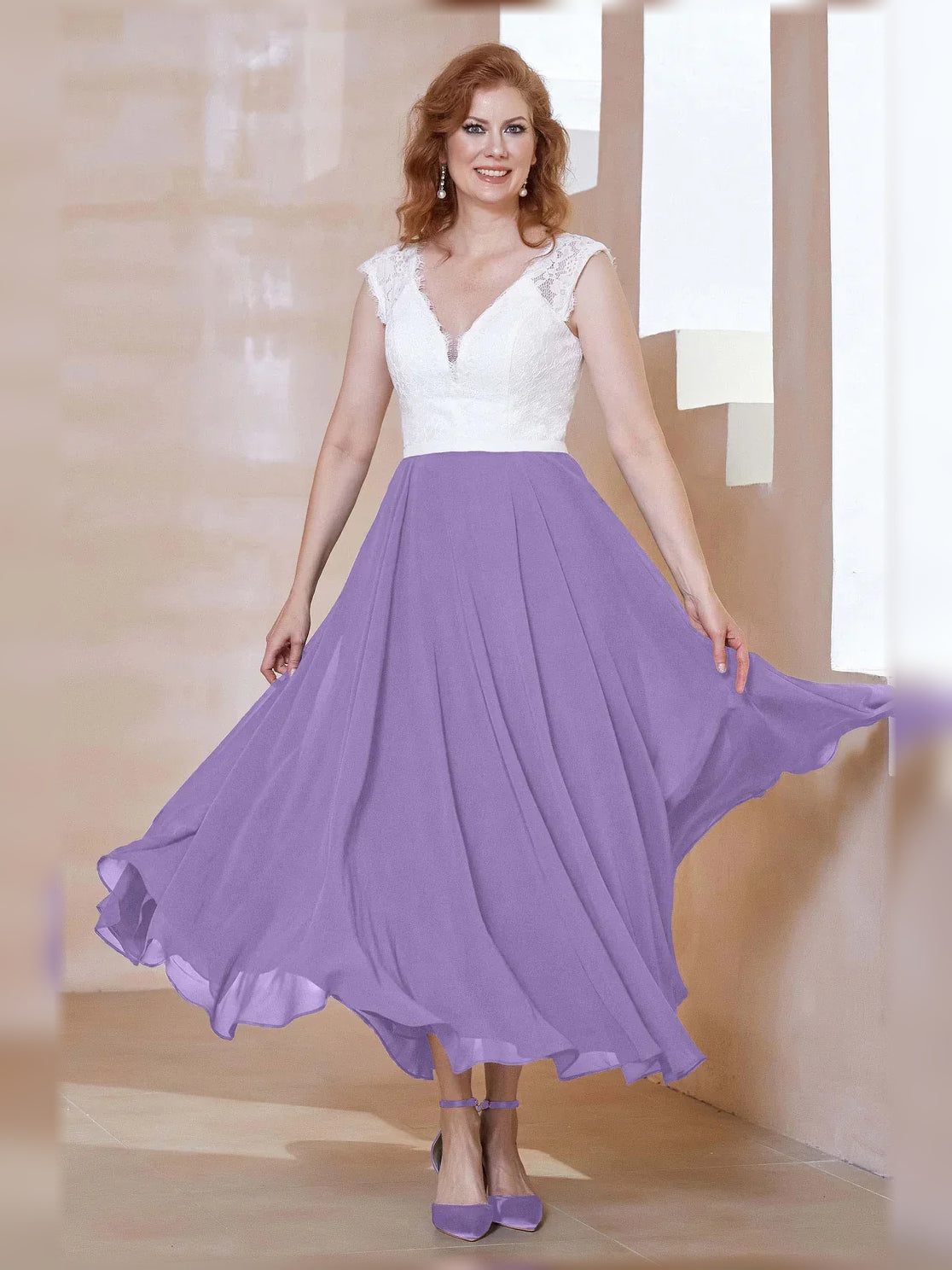 V Neck A-Line Midi Chiffon Mother of the Bride Dress for Ceremony Dinner