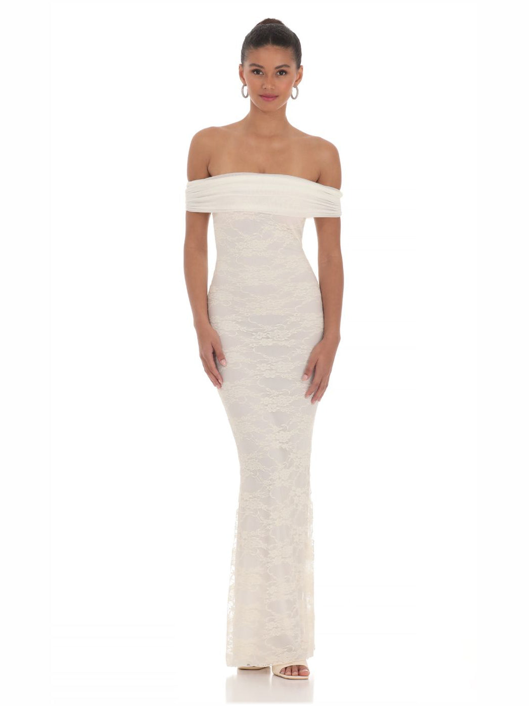 Cream Off-The-Shoulder Short Sleeves Sheath Maxi Formal Dress