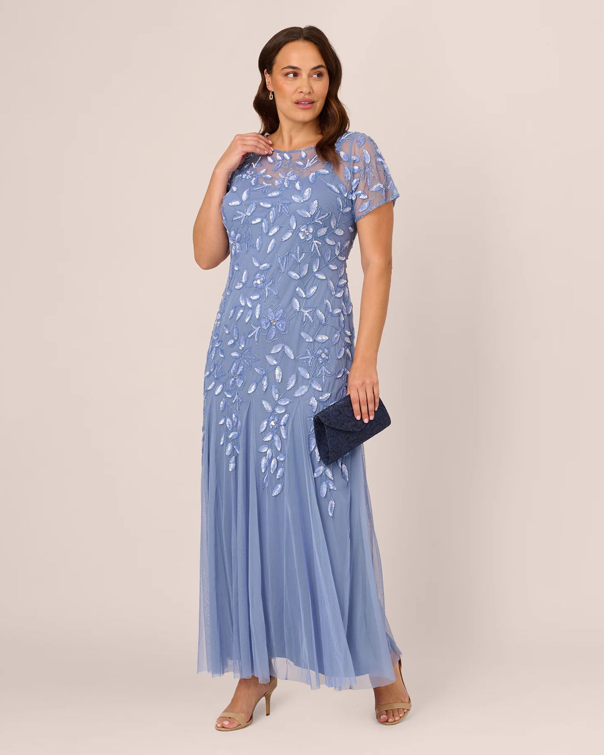 Floral Print Short-Sleeve A-Line Maxi Mother of the Bride Dress for Formal Wedding