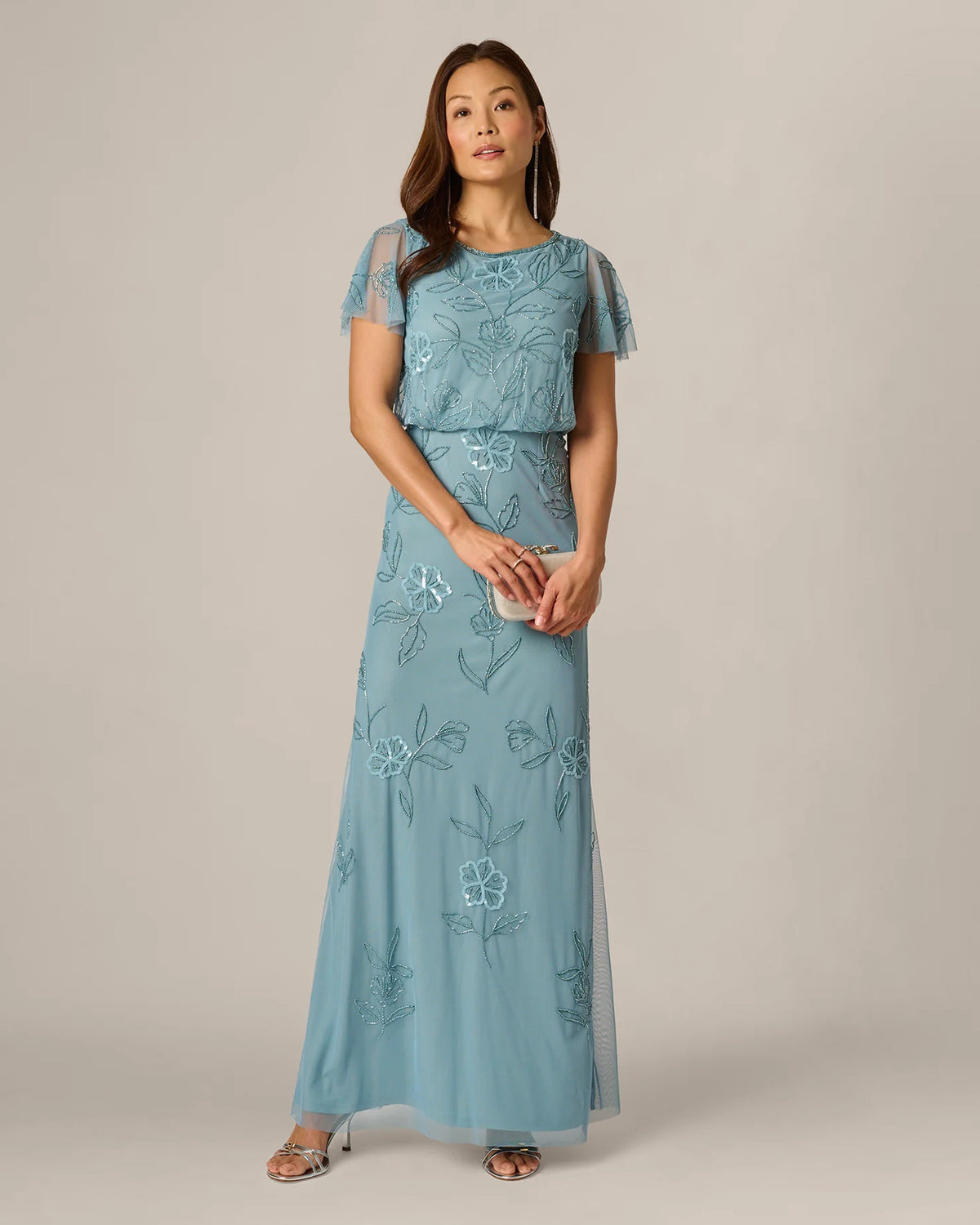 Floral Print Flutter-Sleeve A-Line Maxi Mother of the Bride Dress for Vineyard Wedding