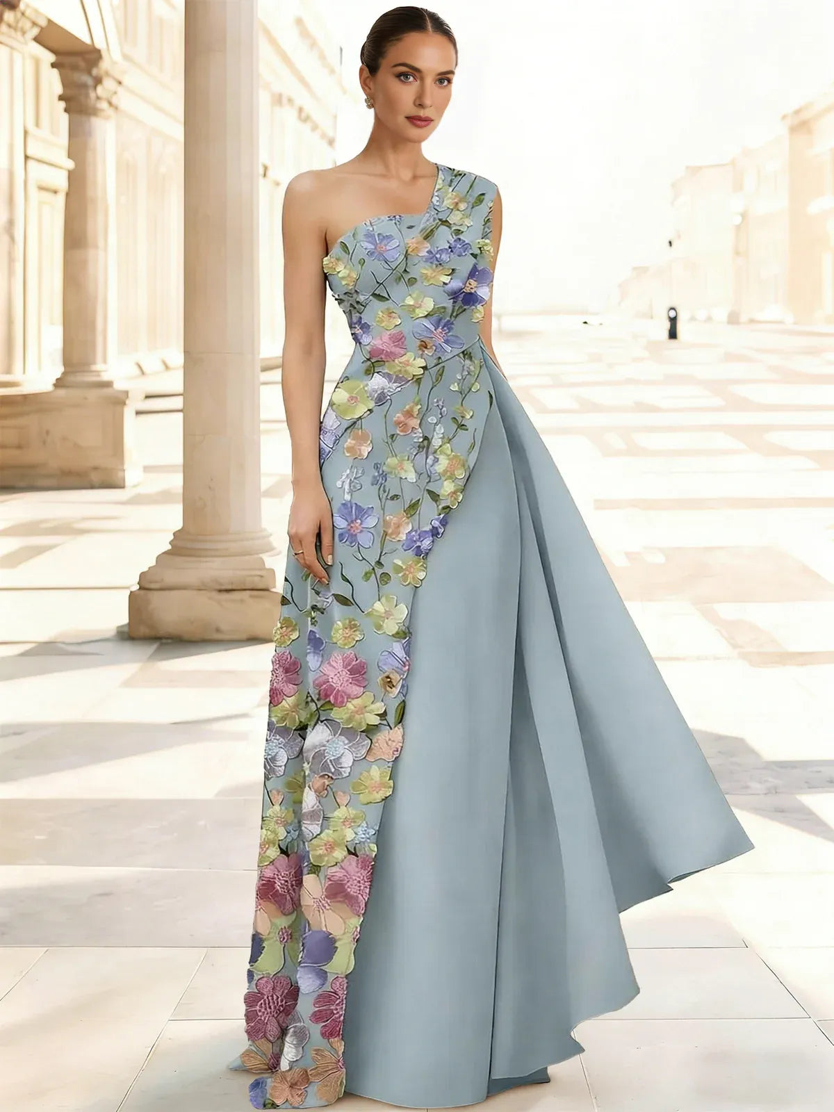 Floral Print One-Shoulder Ruching Floor-Length Embroidered Formal Dress