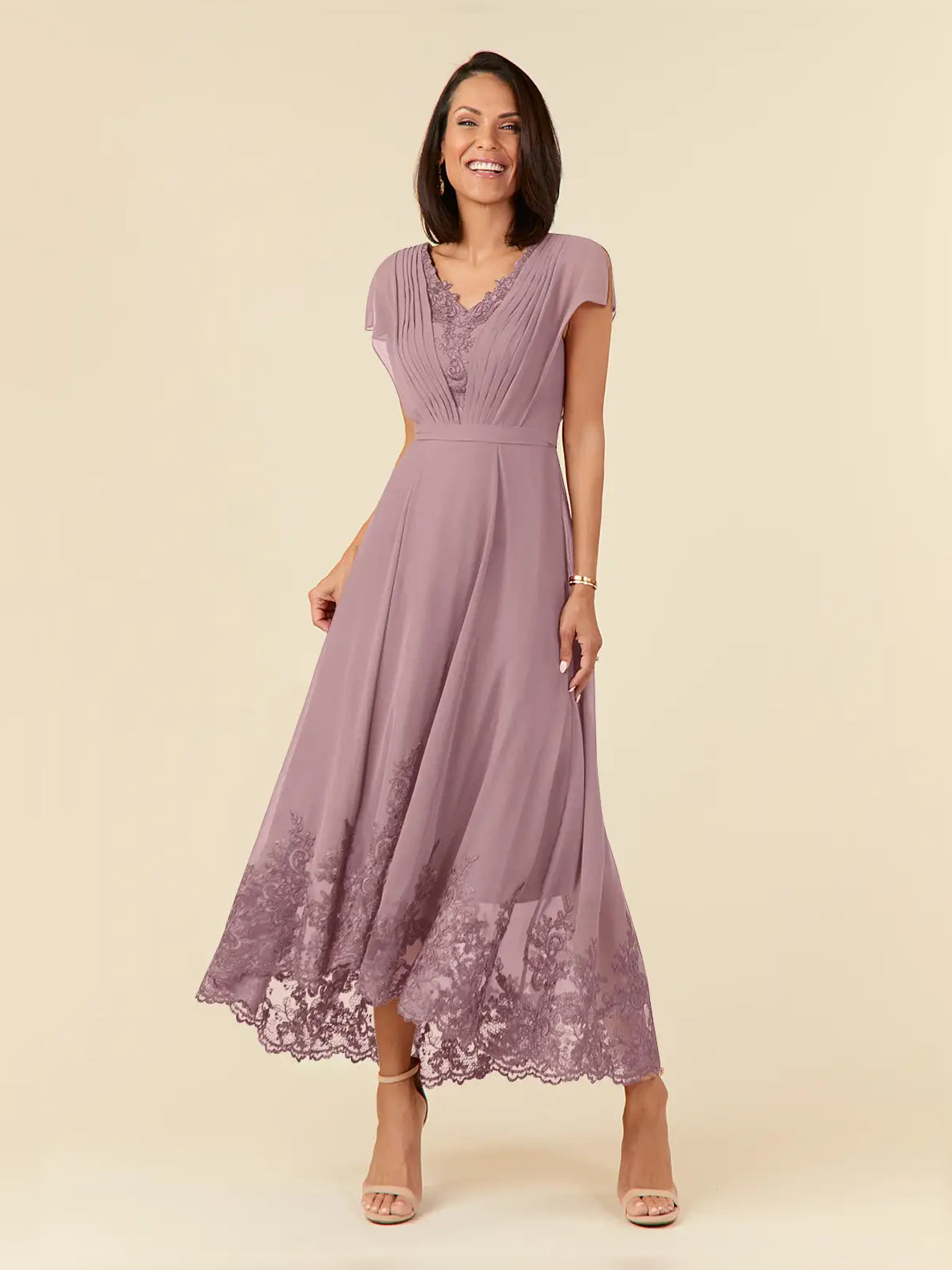 Pleated V Neck A-Line Midi Chiffon Mother of the Bride Dress for Wedding Celebration