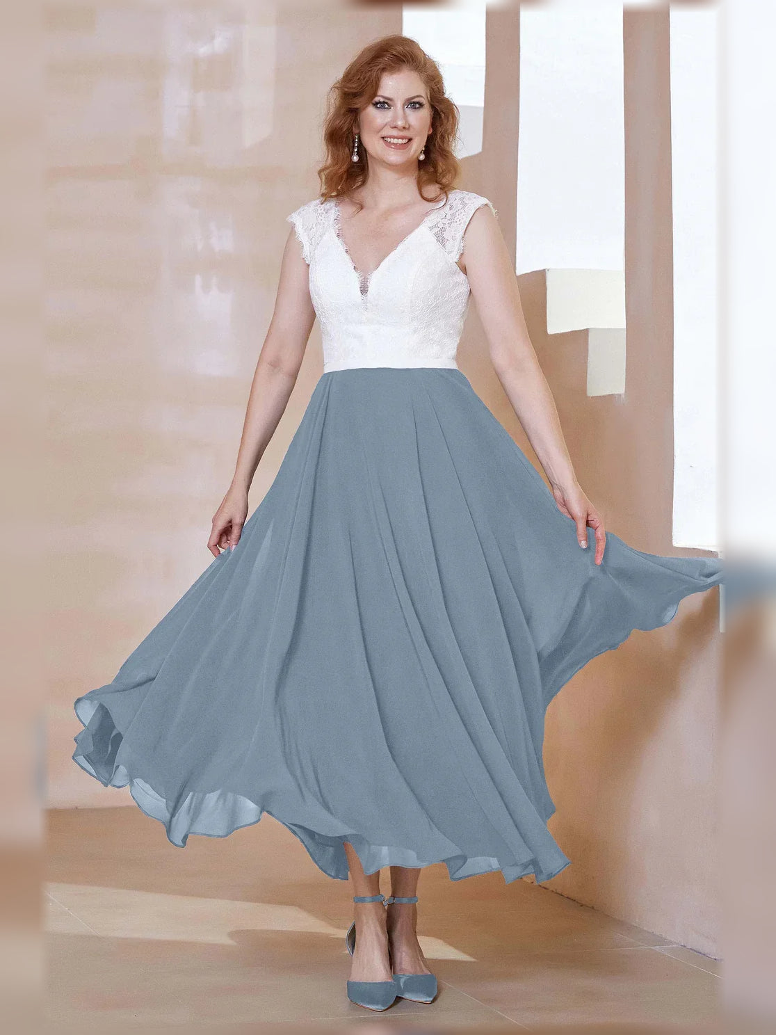 V Neck A-Line Midi Chiffon Mother of the Bride Dress for Ceremony Dinner