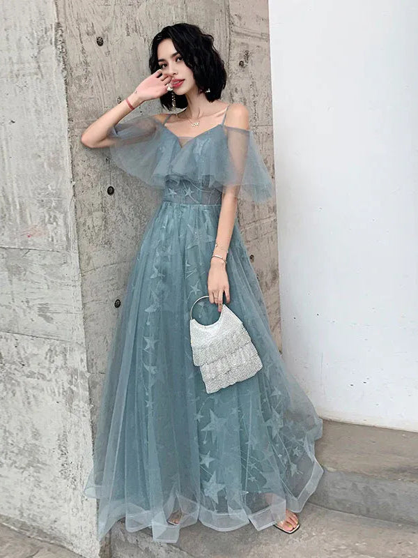 Dusty Blue Corset Ruffled V Neck A-Line Maxi Tulle Prom Dress for Gala