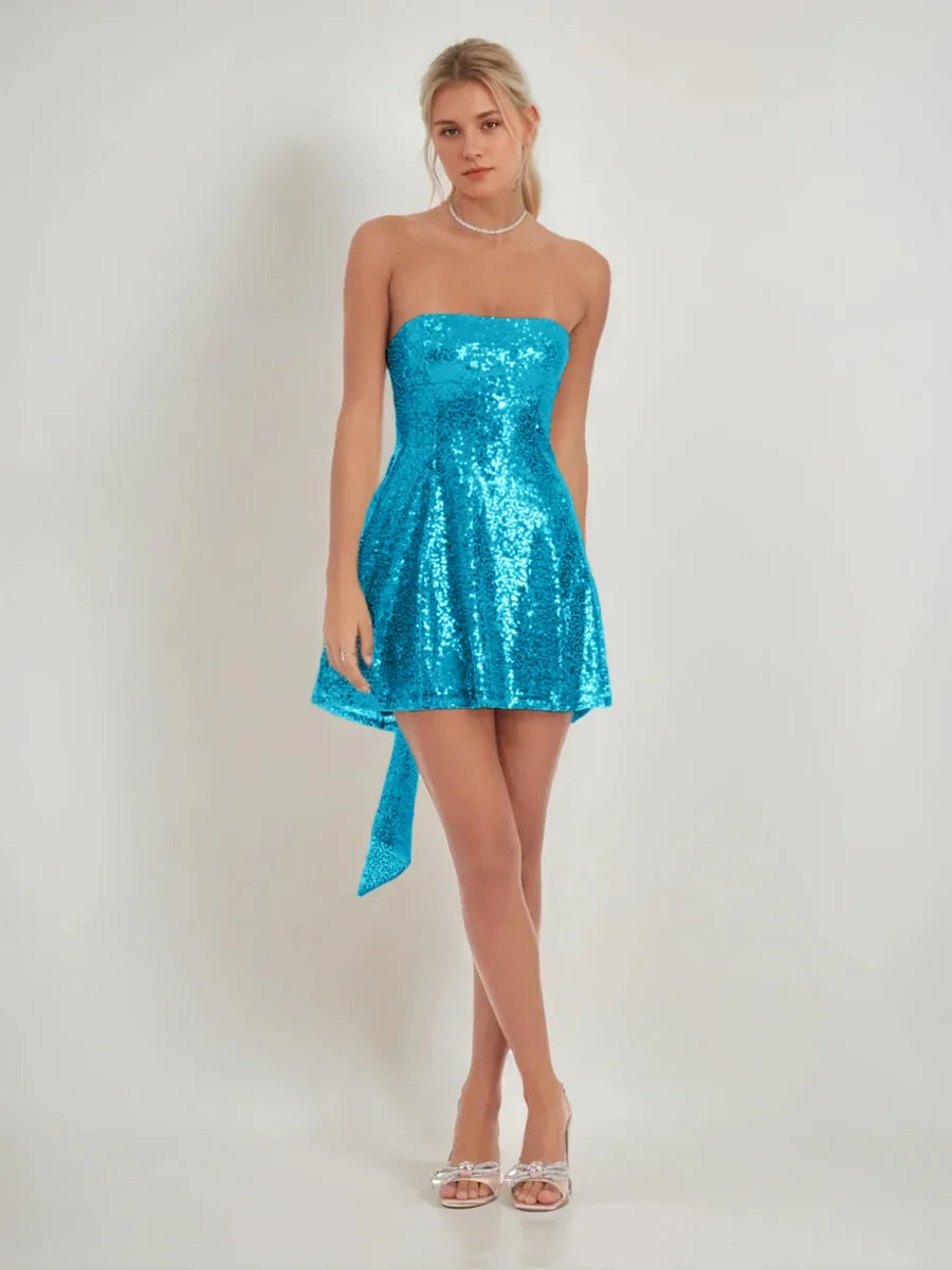 Bow Sequin Strapless A-Line Mini Homecoming Dress for Prom Night