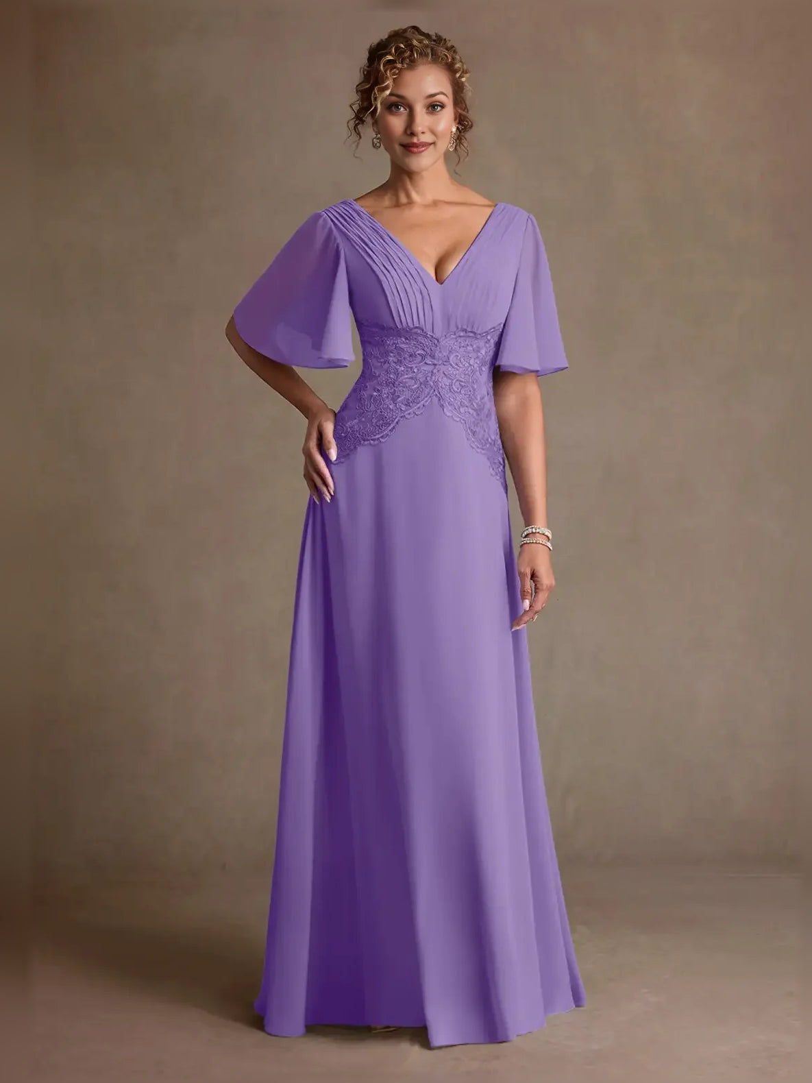 V Neck A-Line Floor-Length Chiffon Mother of the Bride Dress for Church Wedding