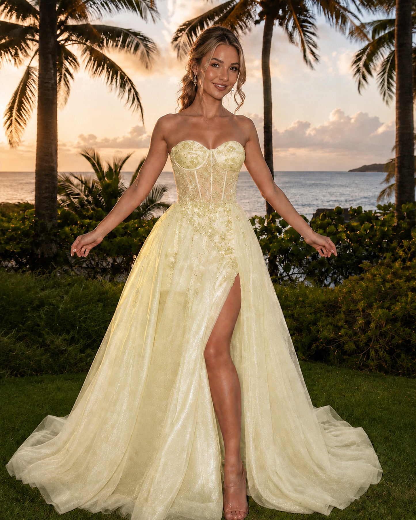 Strapless Floral Applique Tulle A-Line Prom Dress with Corset Bodice and Slit